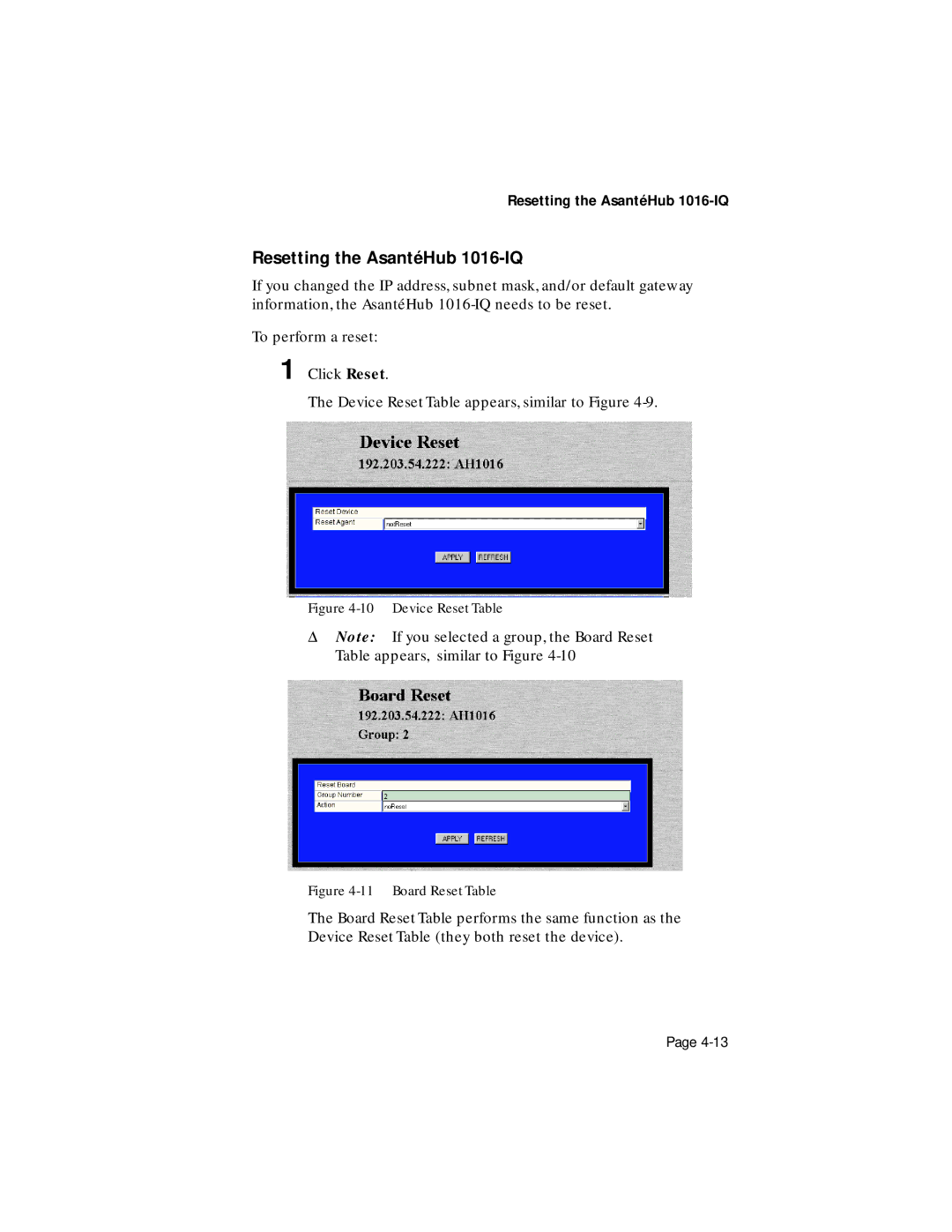 Asante Technologies user manual Resetting the AsantéHub 1016-IQ, Device Reset Table 