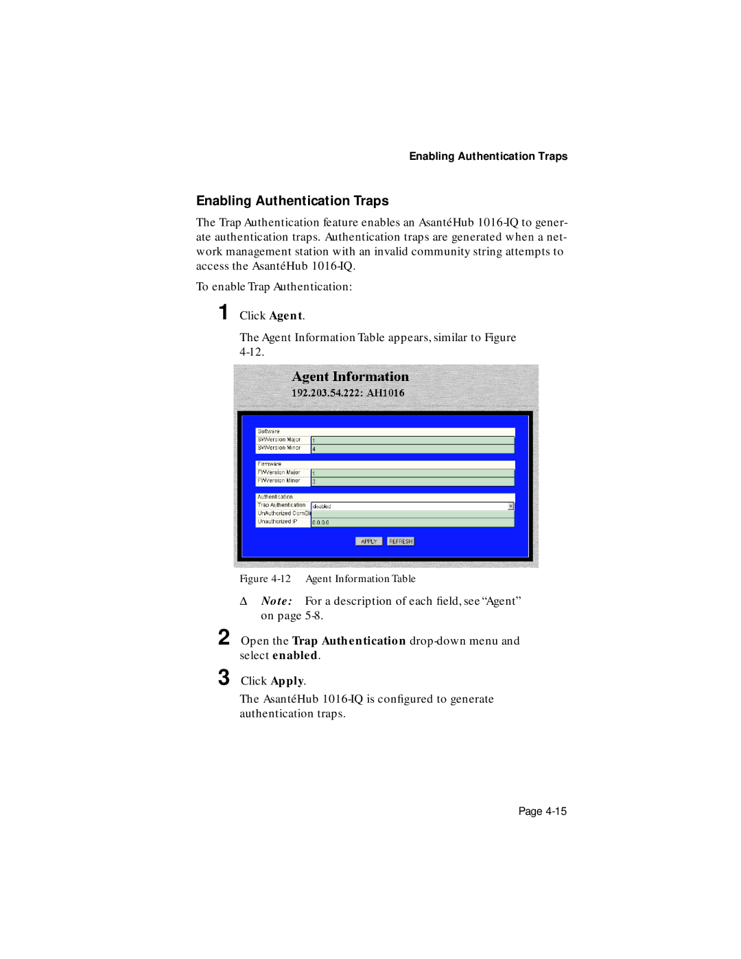 Asante Technologies 1016-IQ user manual Enabling Authentication Traps, Agent Information Table 