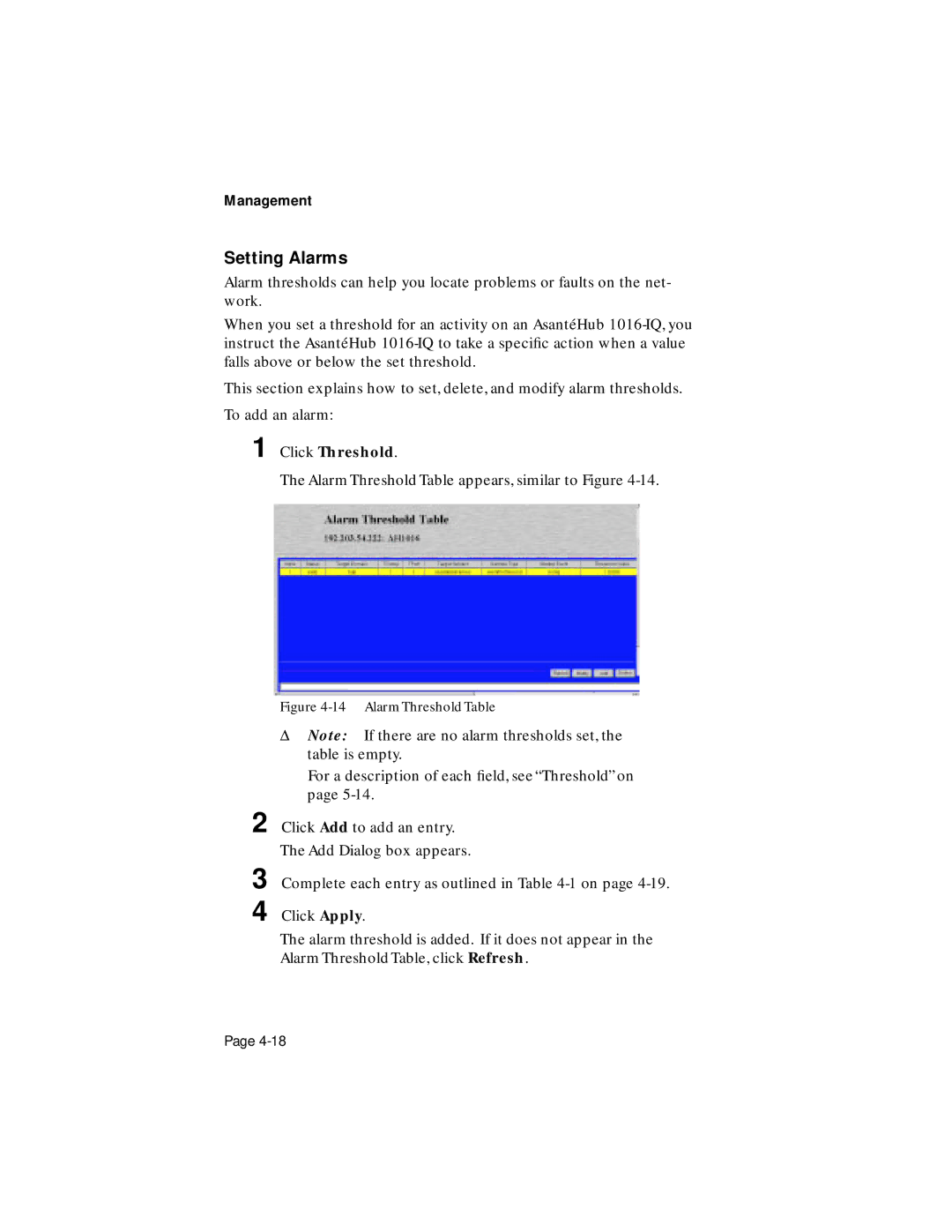 Asante Technologies 1016-IQ user manual Setting Alarms, Click Threshold 