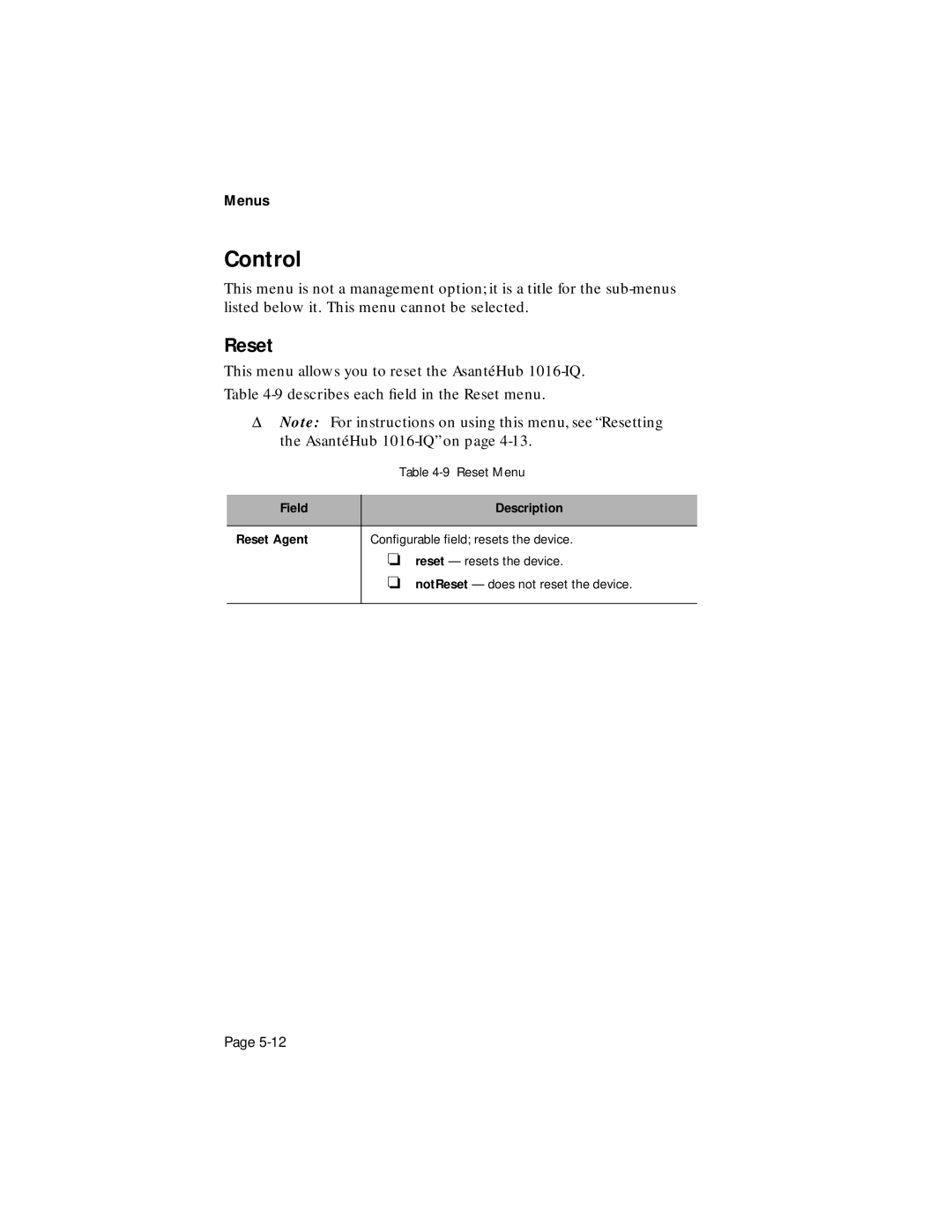 Asante Technologies 1016-IQ user manual Field Description Reset Agent 