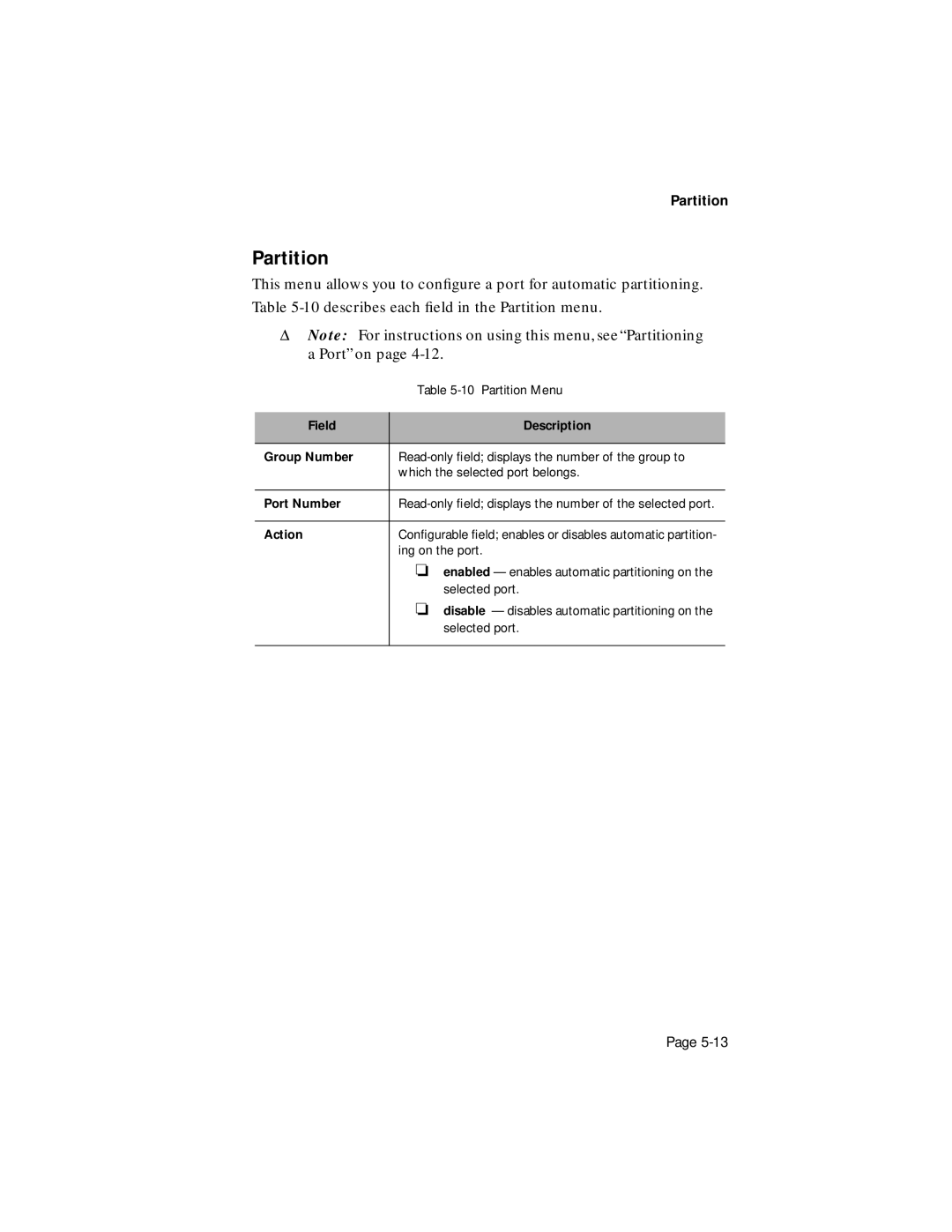 Asante Technologies 1016-IQ user manual Partition, Field Description Group Number, Port Number, Action 