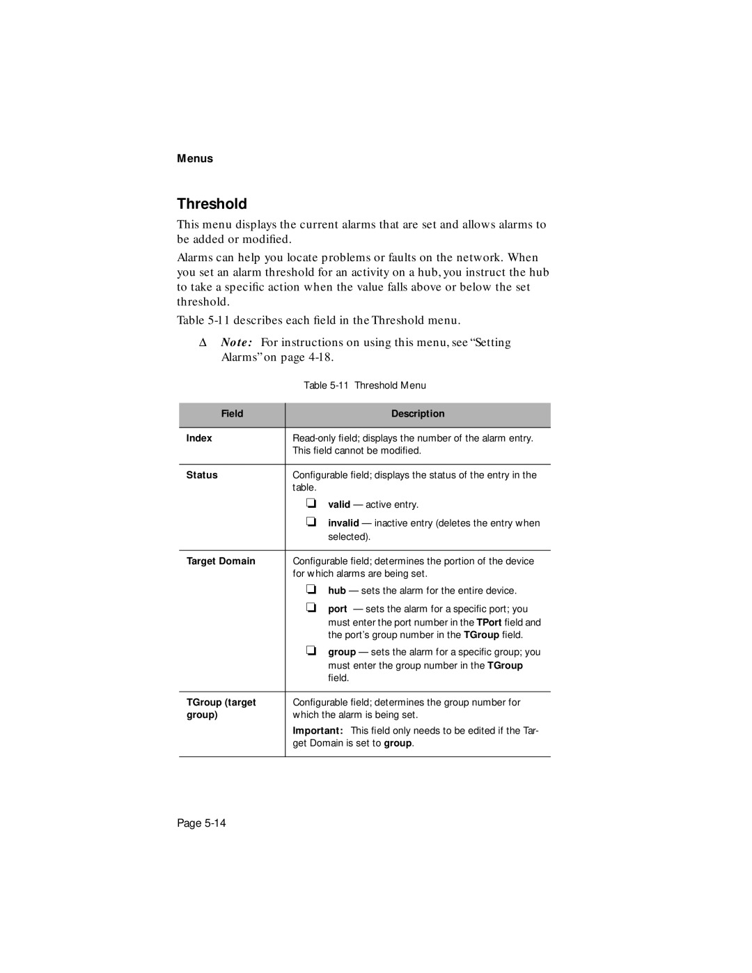 Asante Technologies 1016-IQ user manual Threshold, Field Description Index, Status, Target Domain, TGroup target 