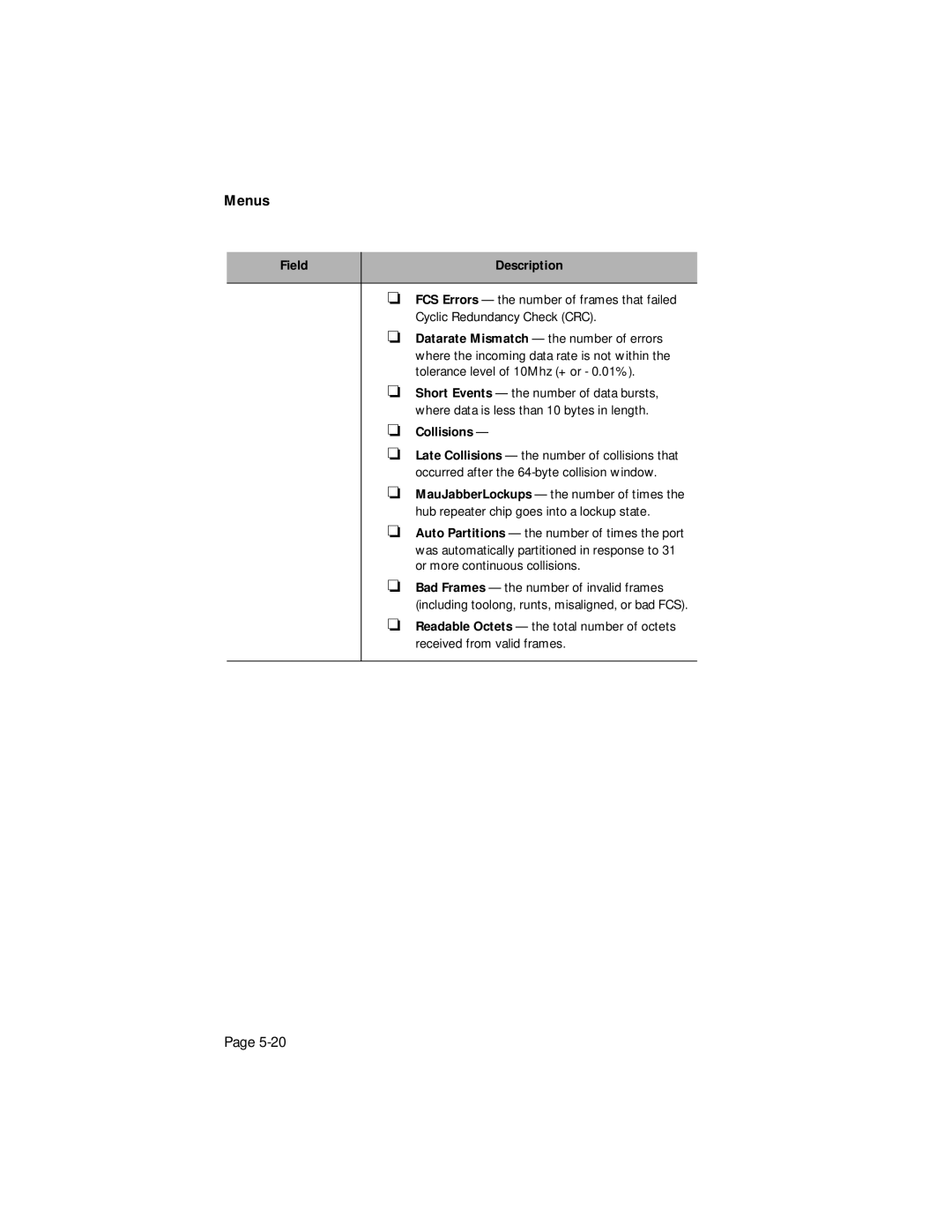 Asante Technologies 1016-IQ user manual Field Description, Collisions 