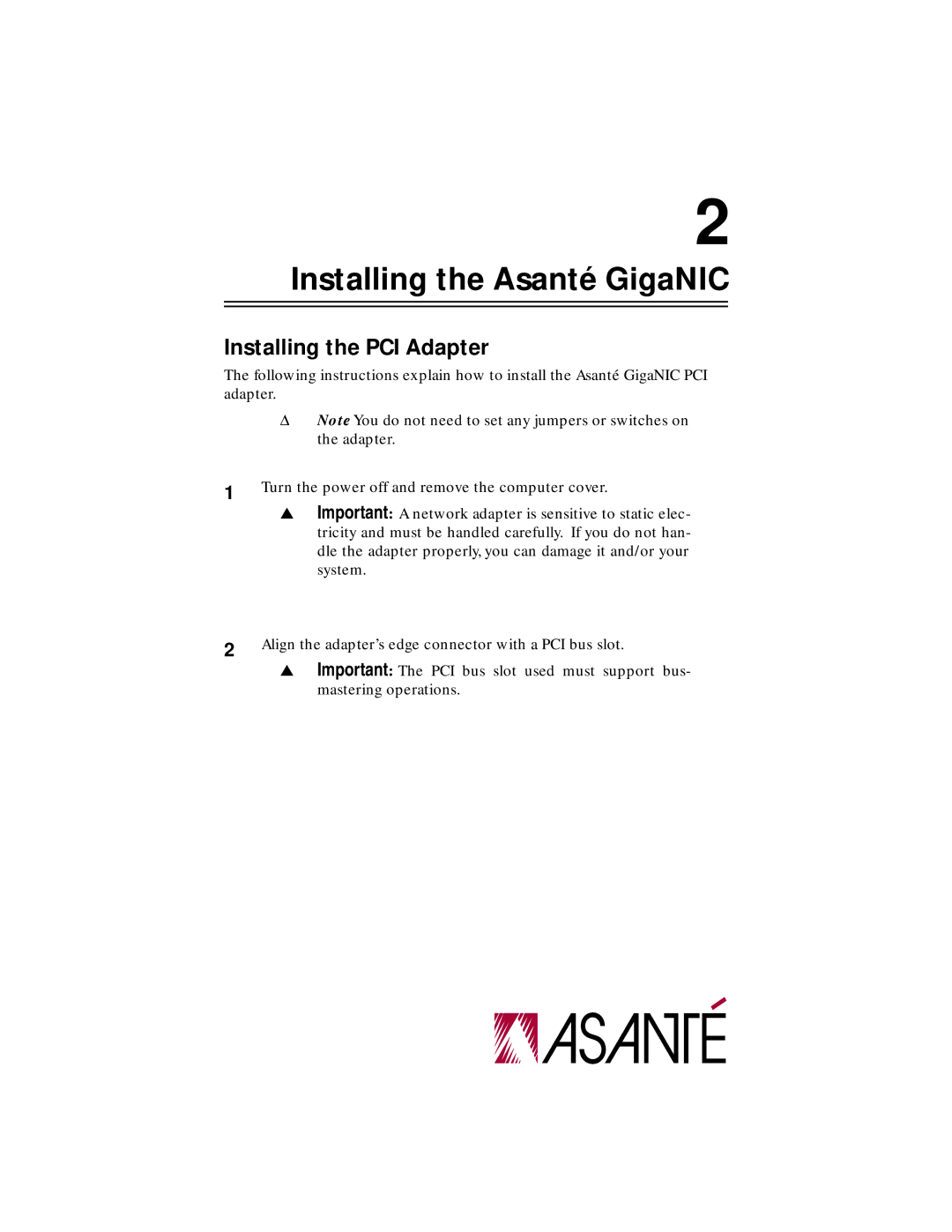 Asante Technologies 1064SX manual Installing the Asanté GigaNIC, Installing the PCI Adapter 