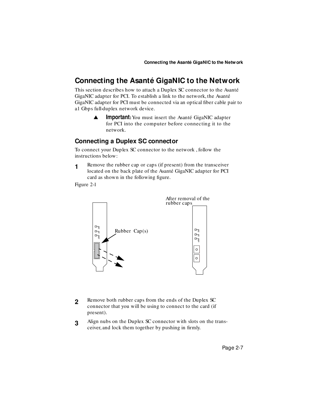 Asante Technologies 1064SX manual Connecting the Asanté GigaNIC to the Network, Connecting a Duplex SC connector 