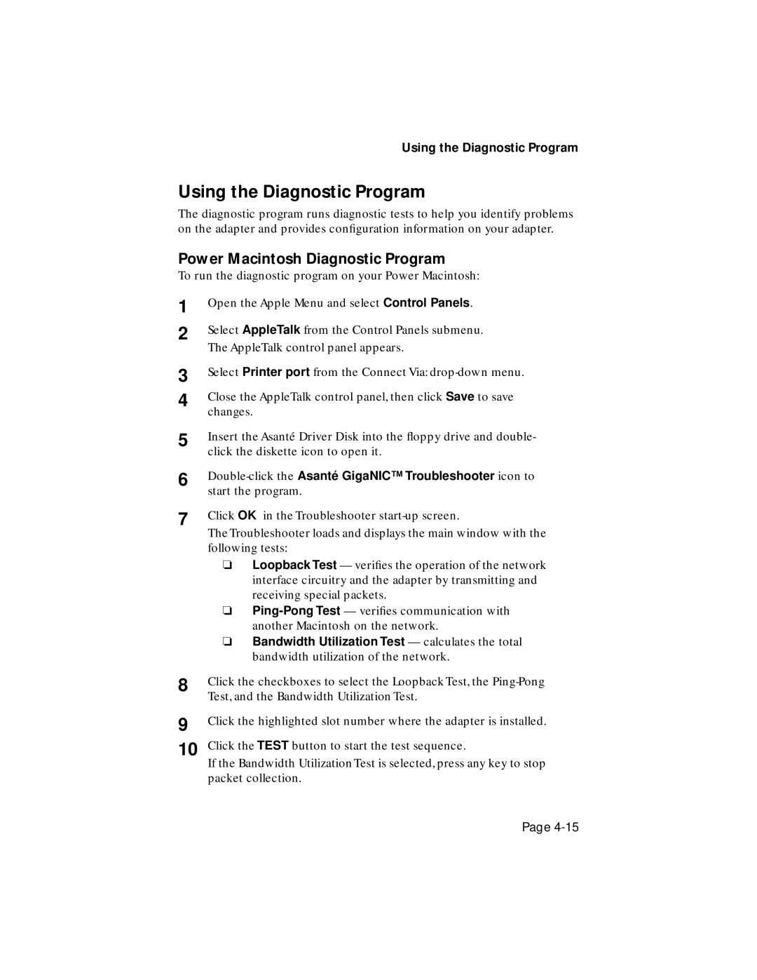 Asante Technologies 1064SX manual Using the Diagnostic Program, Power Macintosh Diagnostic Program 