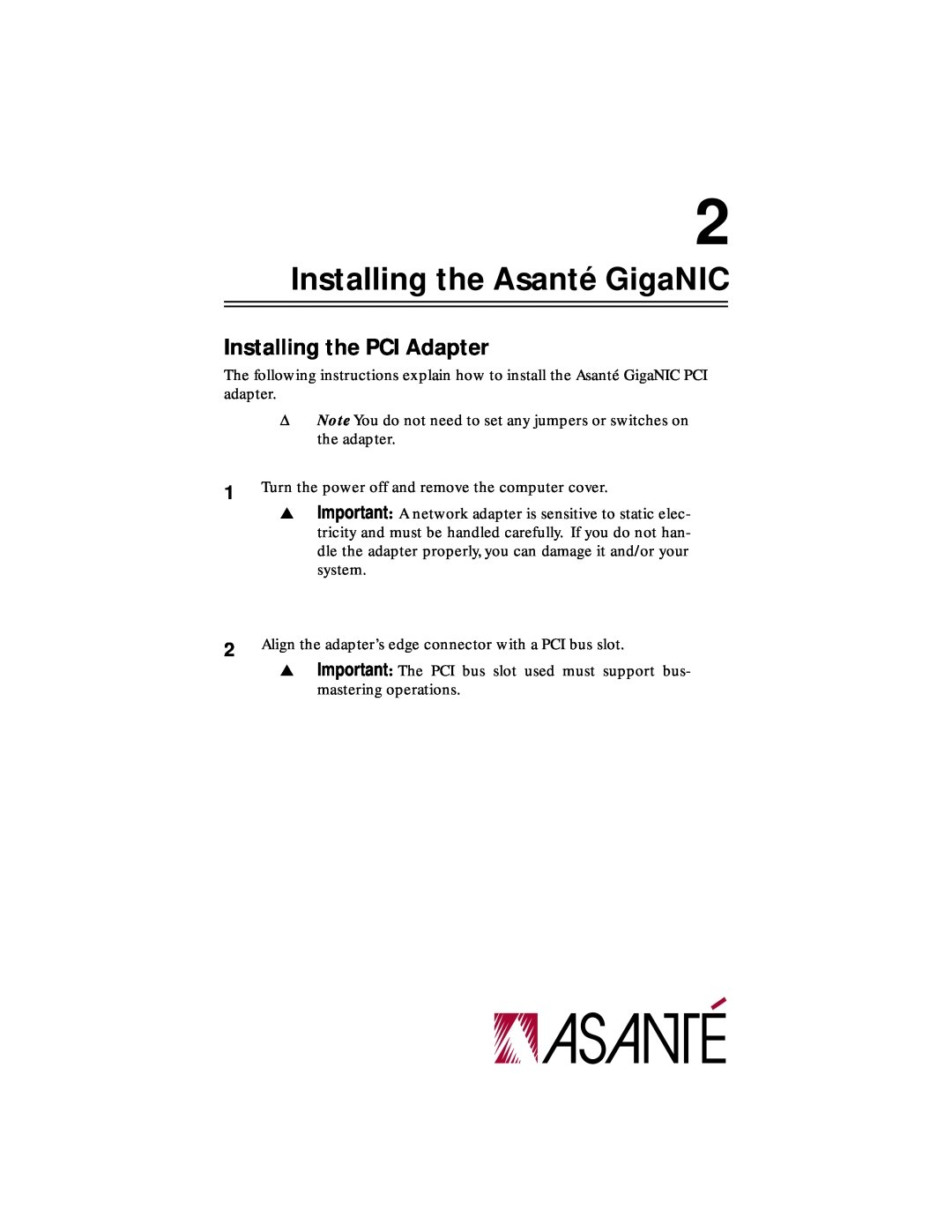 Asante Technologies 1064SX manual Installing the Asanté GigaNIC, Installing the PCI Adapter 