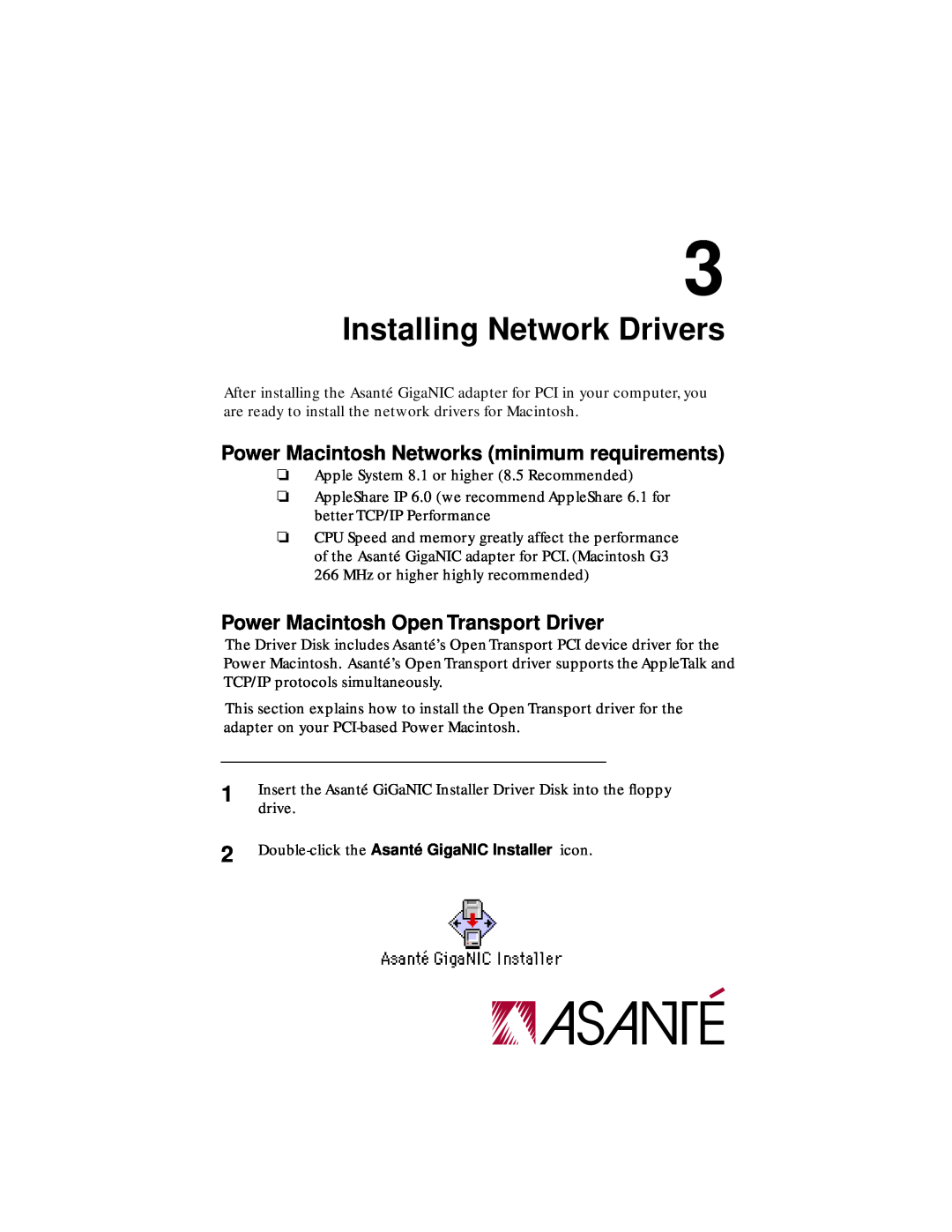 Asante Technologies 1064SX manual Double-click the Asanté GigaNIC Installer icon, Installing Network Drivers 