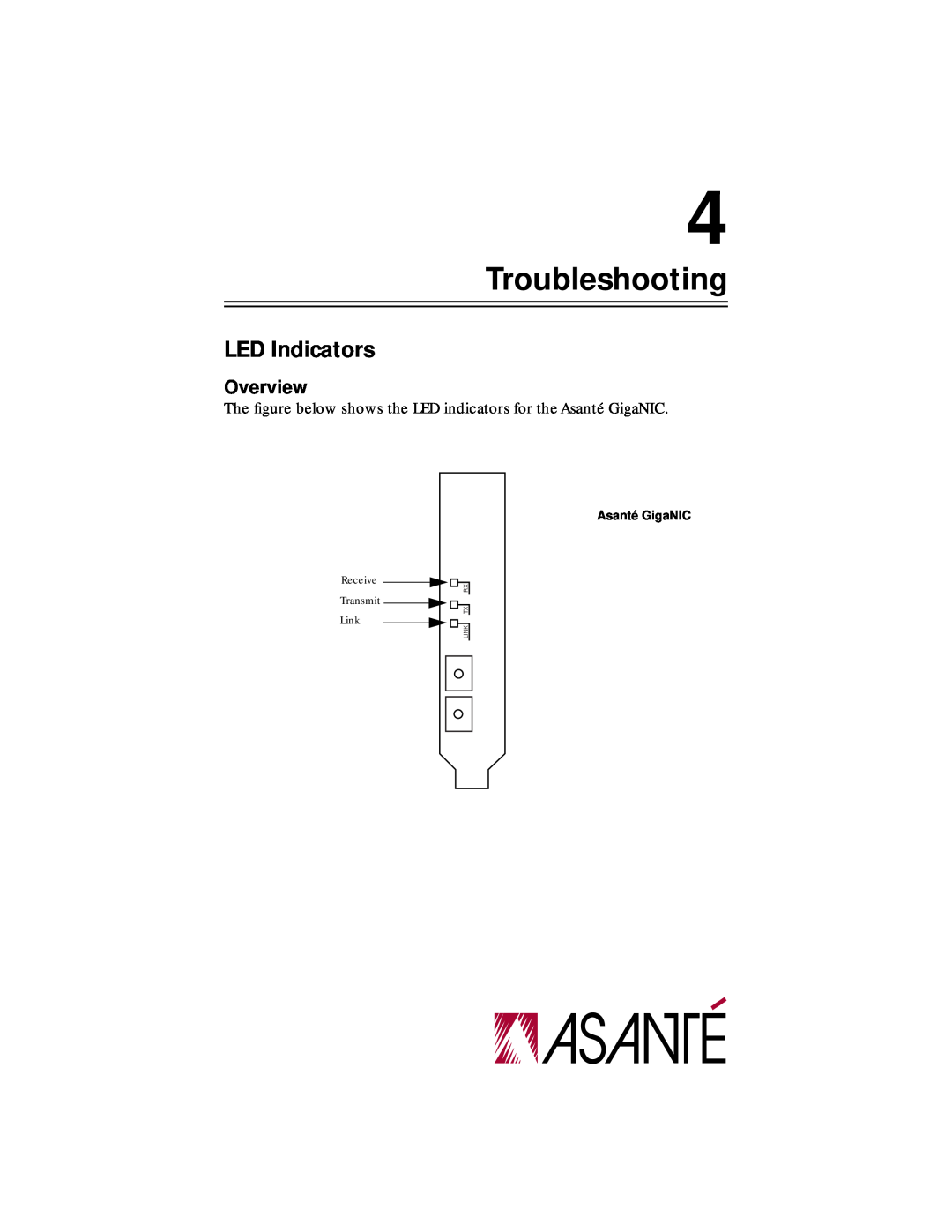 Asante Technologies 1064SX manual Troubleshooting, LED Indicators, Overview, Asanté GigaNIC, Link Tx 
