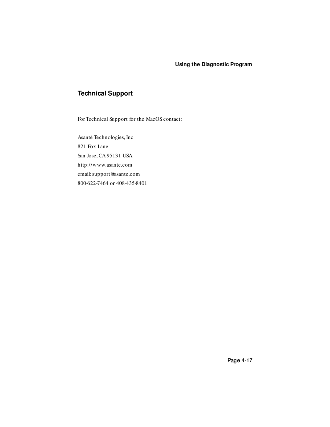 Asante Technologies 1064SX manual Technical Support, Using the Diagnostic Program, Fox Lane, Page 