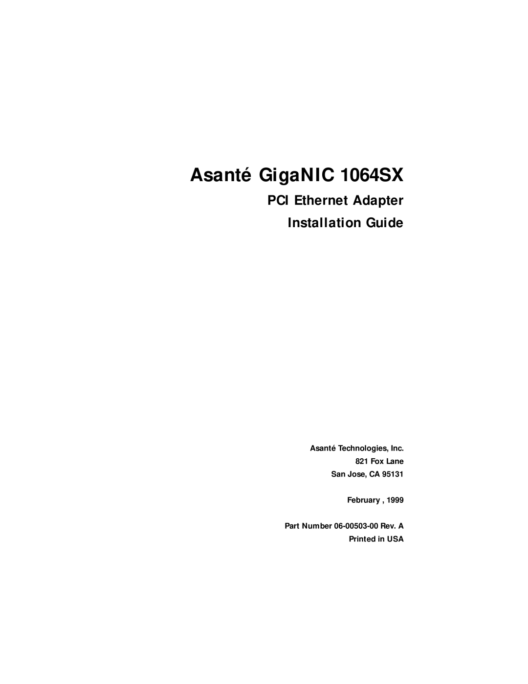 Asante Technologies manual Asanté GigaNIC 1064SX, PCI Ethernet Adapter Installation Guide 