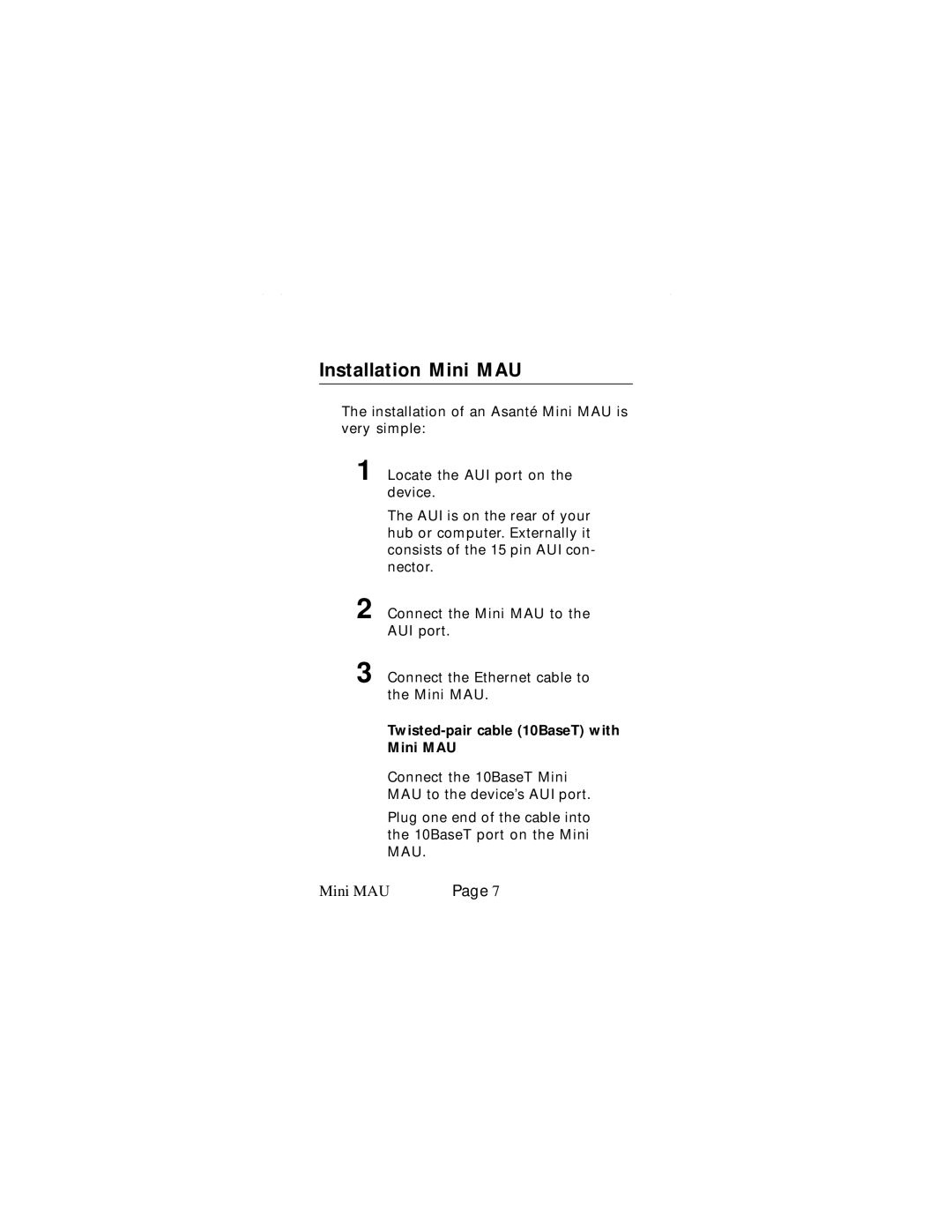 Asante Technologies 10Base2, 10BaseFL manual Installation Mini MAU, Twisted-pair cable 10BaseT with Mini MAU 