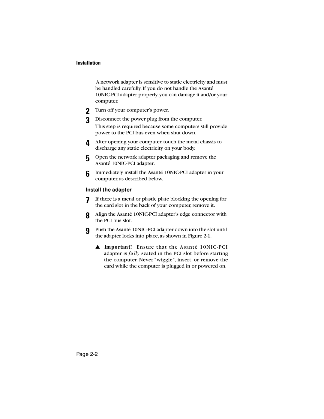 Asante Technologies 10NIC-PCITM manual Installation, Install the adapter 