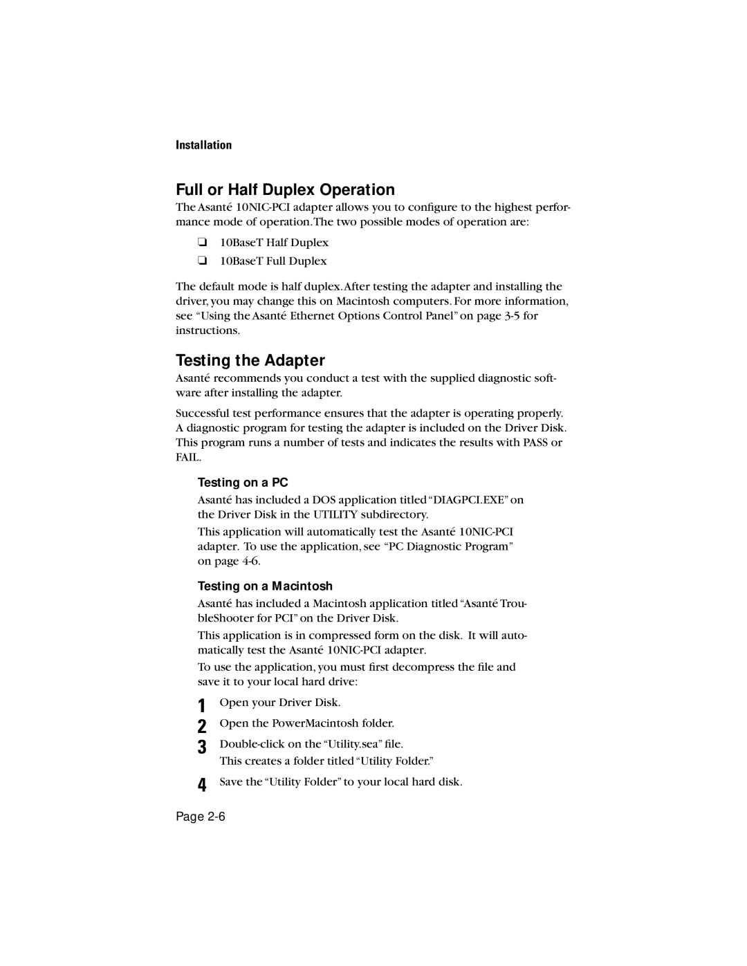 Asante Technologies 10NIC-PCITM manual Full or Half Duplex Operation, Testing the Adapter, Testing on a PC 