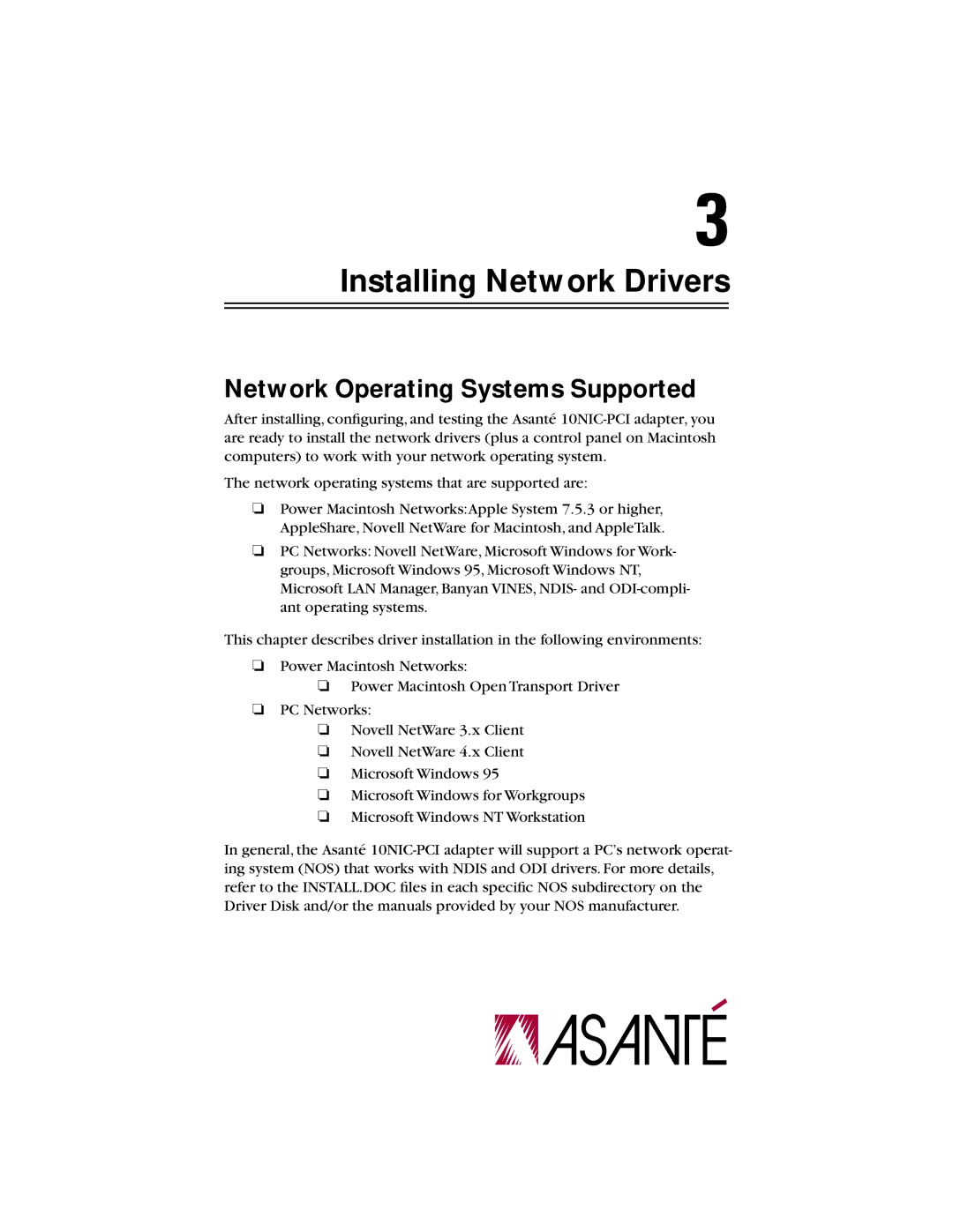 Asante Technologies 10NIC-PCITM manual Installing Network Drivers, Network Operating Systems Supported 