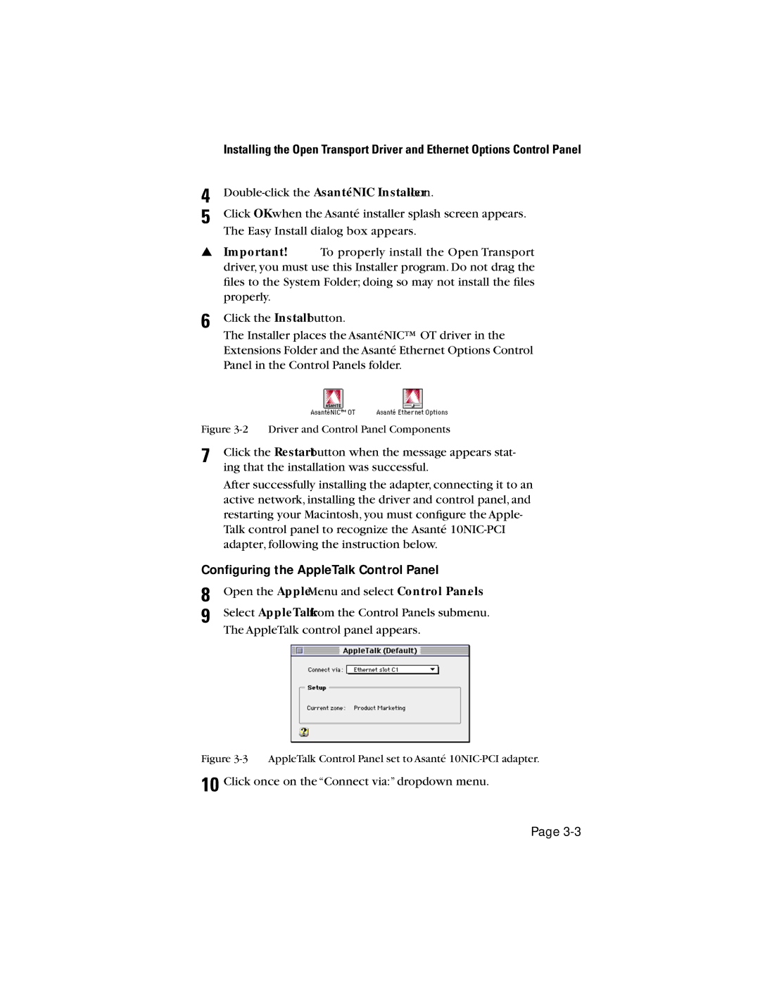 Asante Technologies 10NIC-PCITM manual Conﬁguring the AppleTalk Control Panel, Driver and Control Panel Components 