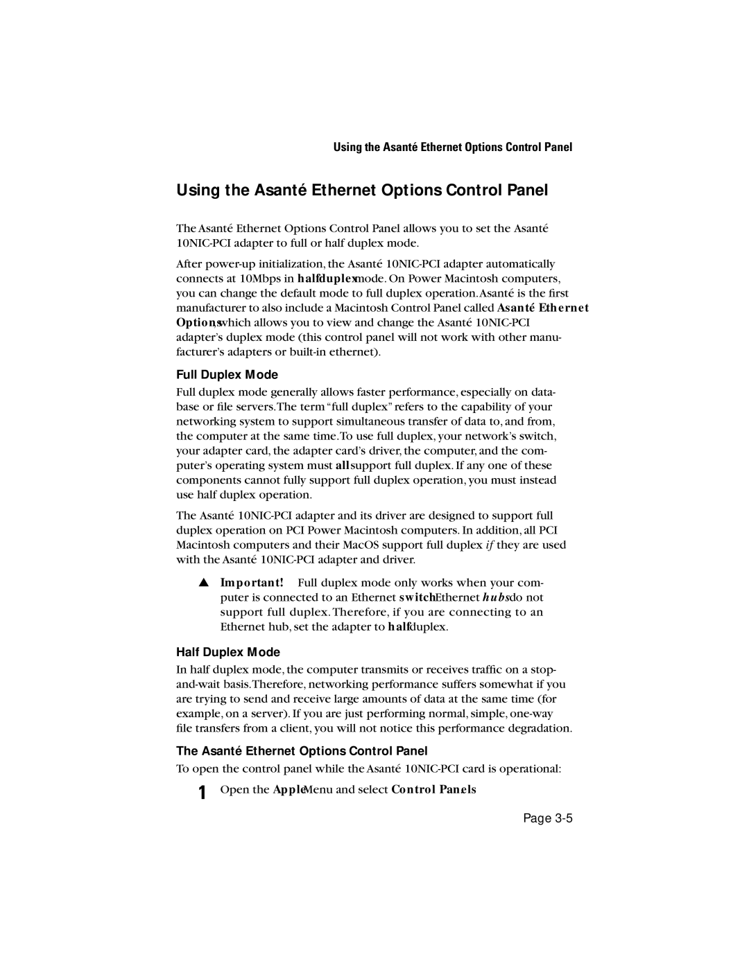 Asante Technologies 10NIC-PCITM manual Using the Asanté Ethernet Options Control Panel, Full Duplex Mode, Half Duplex Mode 