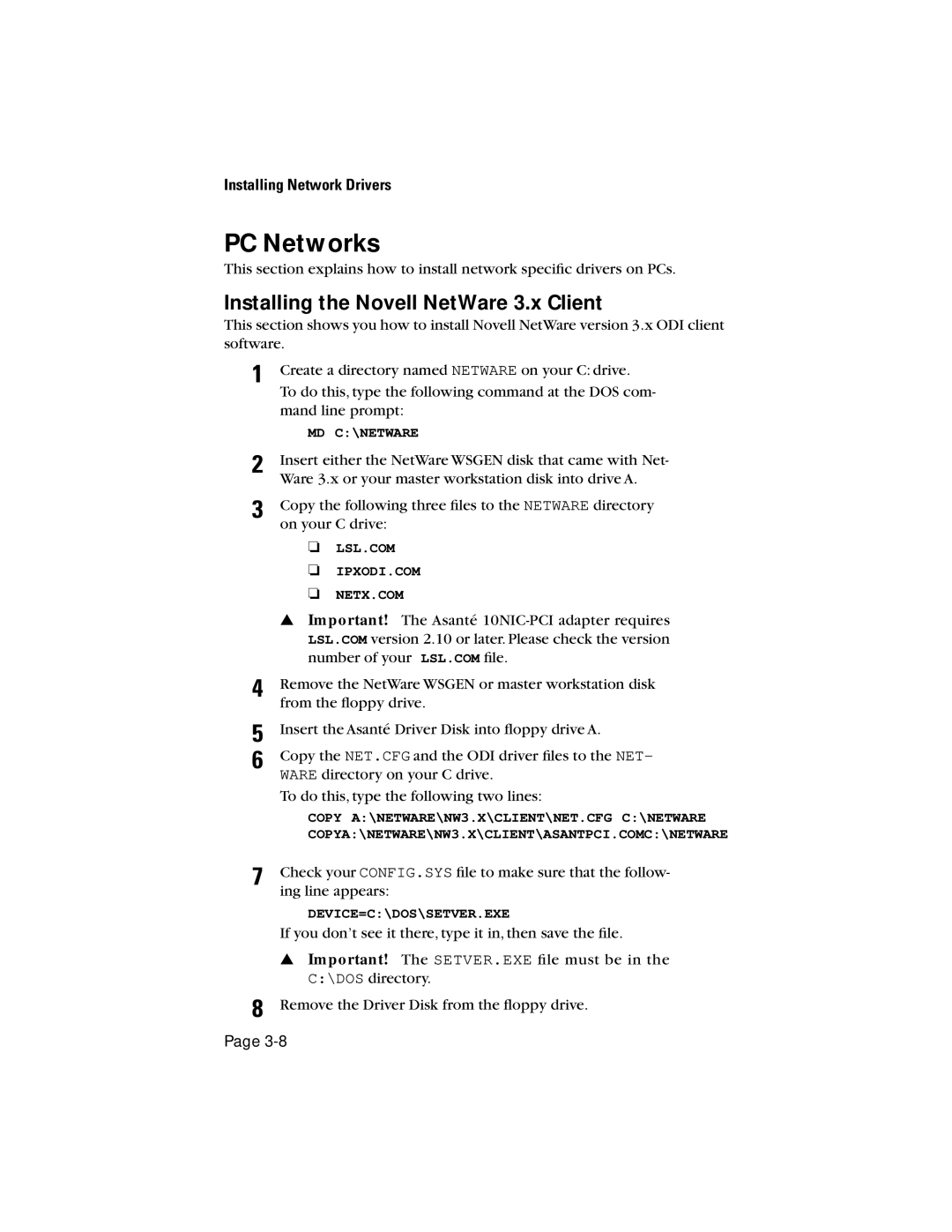 Asante Technologies 10NIC-PCITM manual PC Networks, Installing the Novell NetWare 3.x Client 