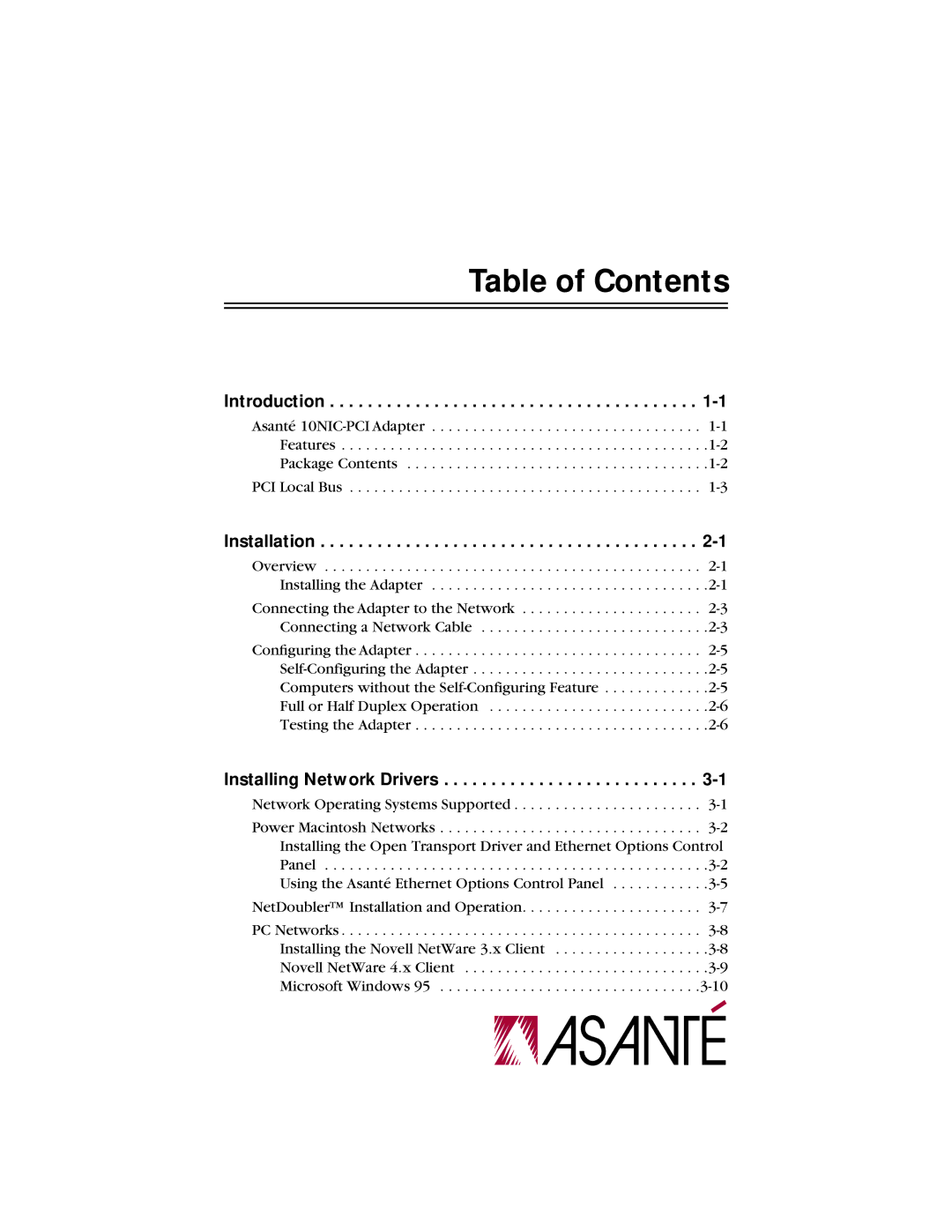 Asante Technologies 10NIC-PCITM manual Table of Contents 