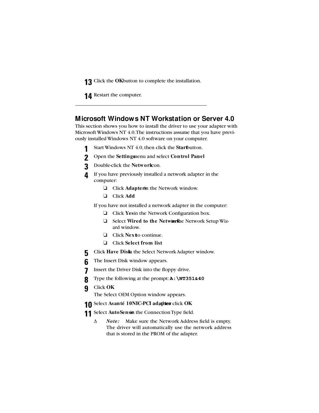 Asante Technologies 10NIC-PCITM manual Microsoft Windows NT Workstation or Server, Click Select from list 