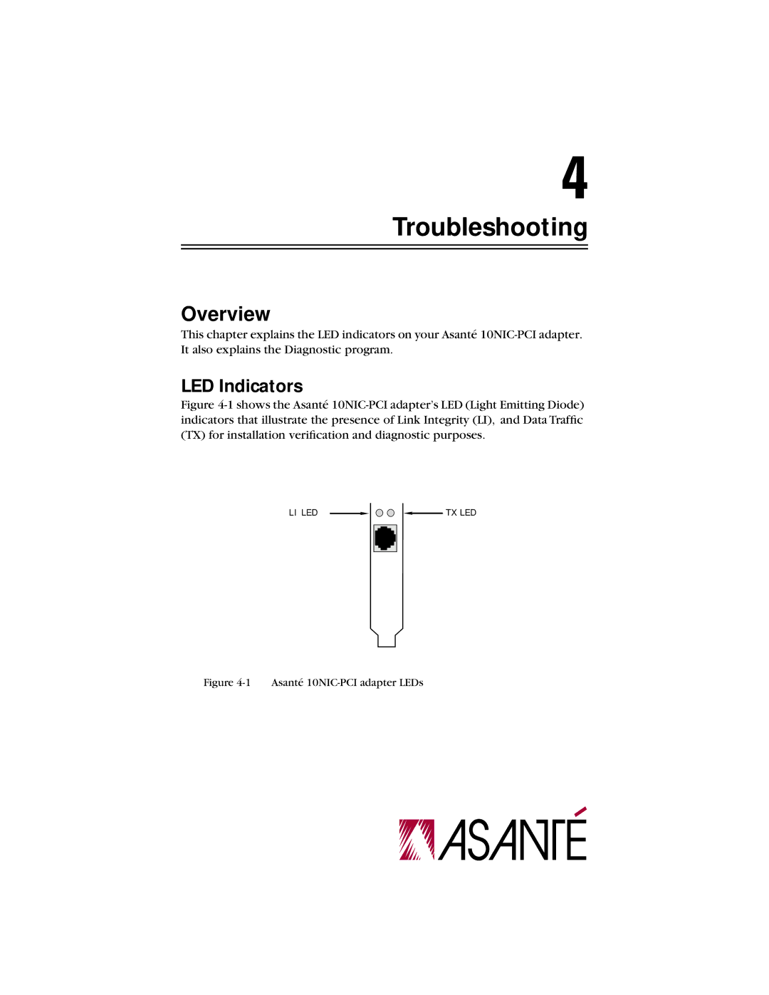 Asante Technologies 10NIC-PCITM manual Troubleshooting, LED Indicators 