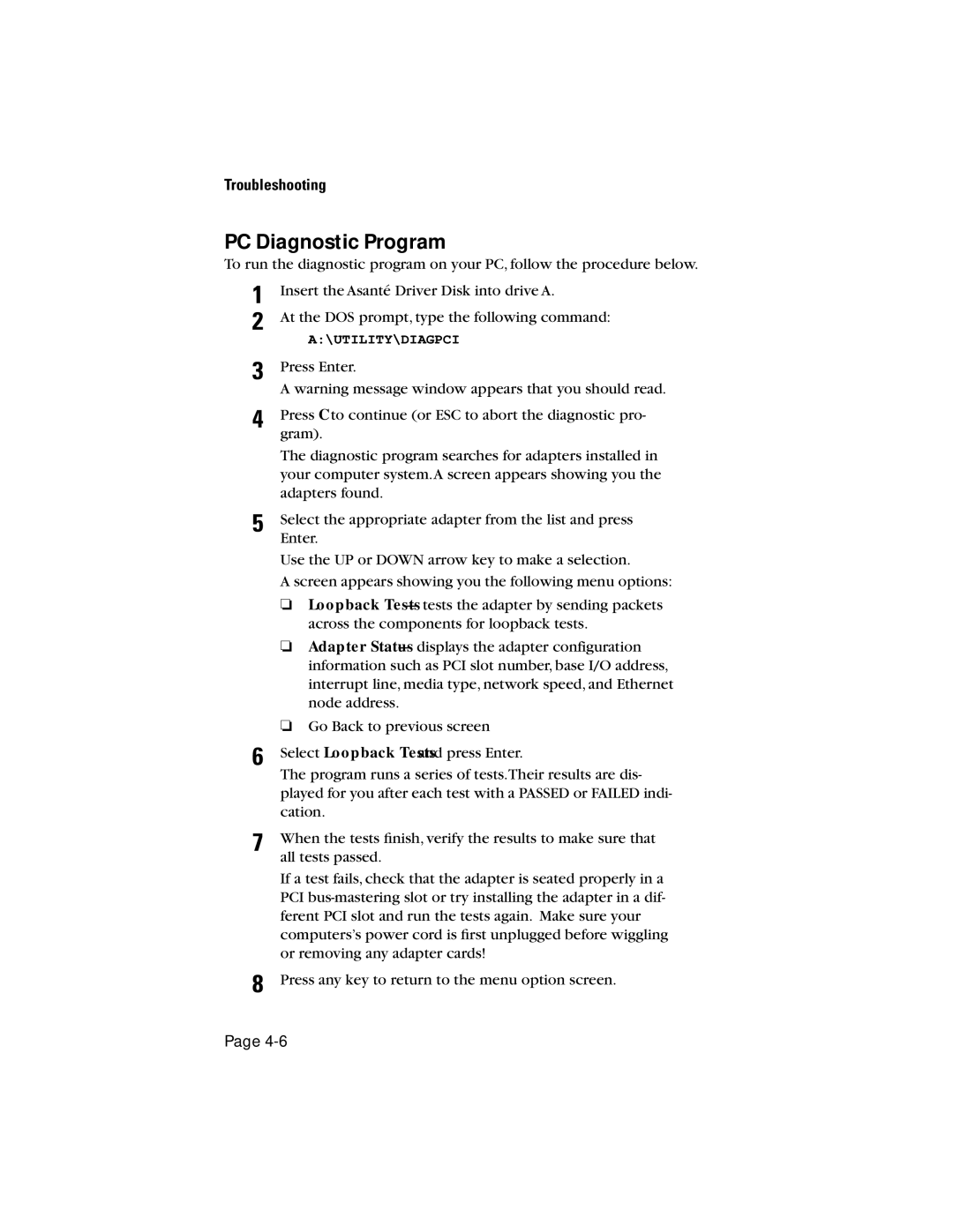 Asante Technologies 10NIC-PCITM manual PC Diagnostic Program 