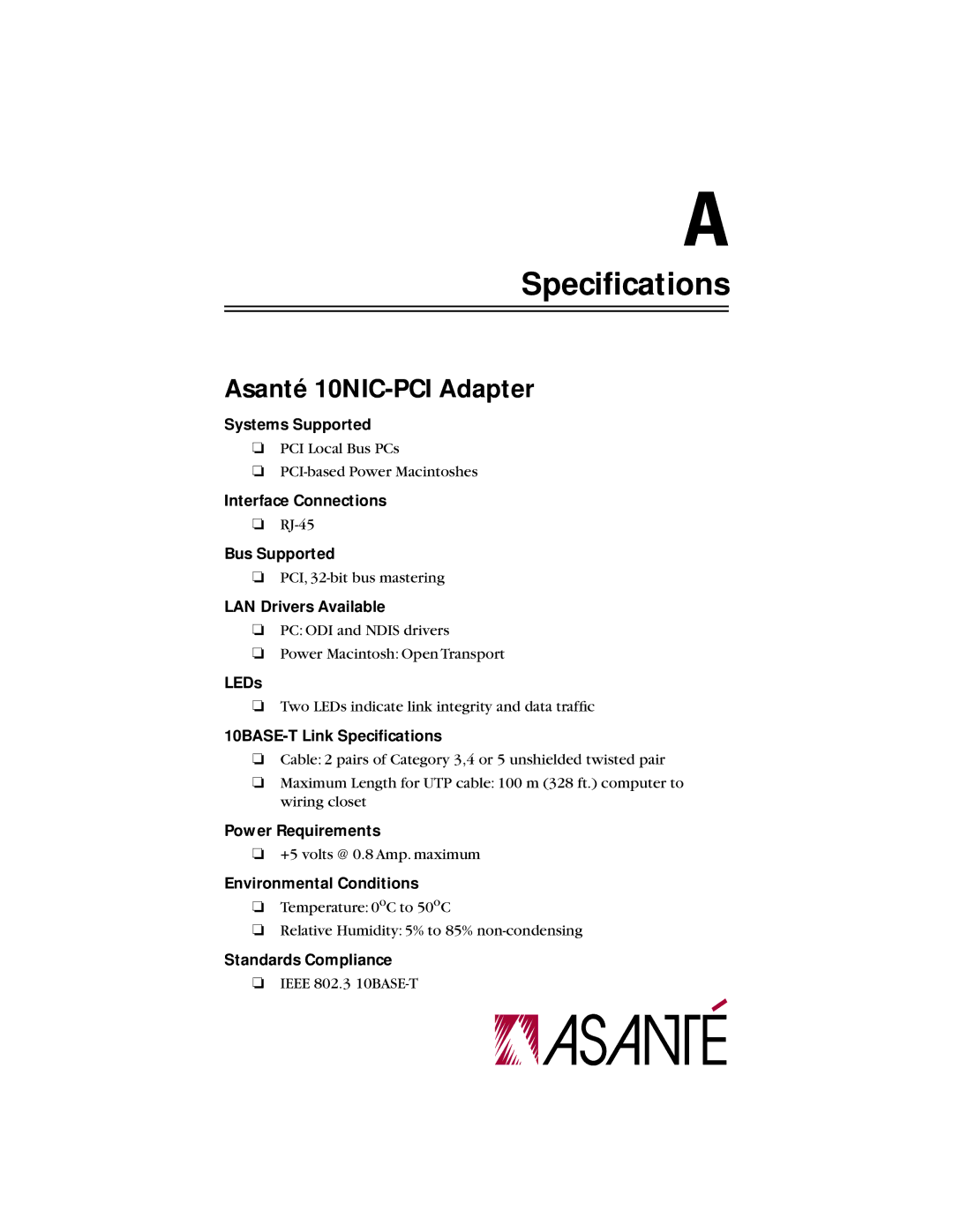 Asante Technologies 10NIC-PCITM manual Speciﬁcations 