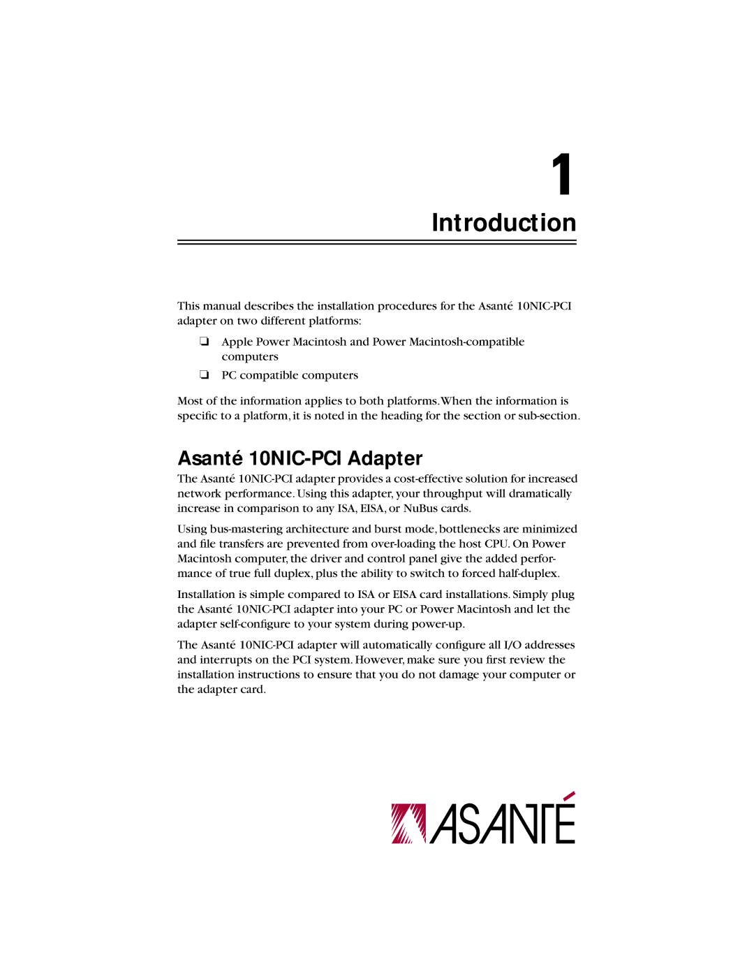 Asante Technologies 10NIC-PCITM manual Introduction, Asanté 10NIC-PCI Adapter 