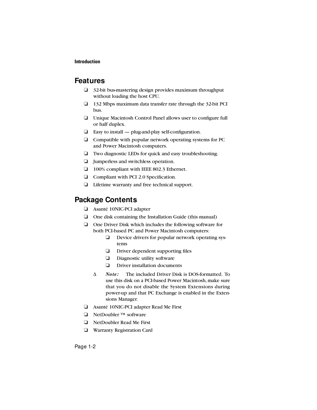 Asante Technologies 10NIC-PCITM manual Features 