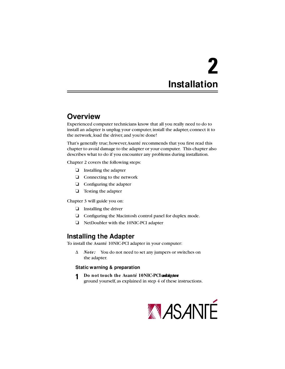 Asante Technologies 10NIC-PCITM manual Installation, Overview, Static warning & preparation 