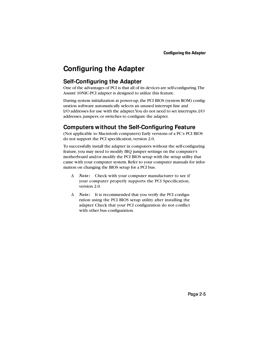Asante Technologies 10NIC-PCITM manual Self-Conﬁguring the Adapter, Computers without the Self-Conﬁguring Feature 