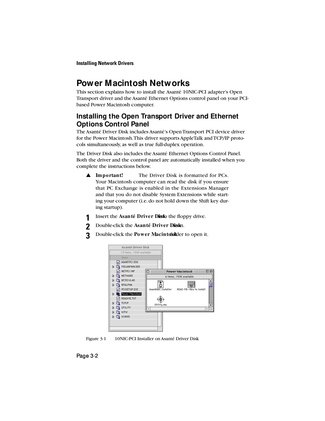 Asante Technologies 10NIC-PCITM manual Power Macintosh Networks, Installing Network Drivers 