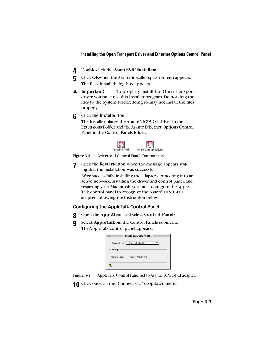 Asante Technologies 10NIC-PCITM manual Conﬁguring the AppleTalk Control Panel 