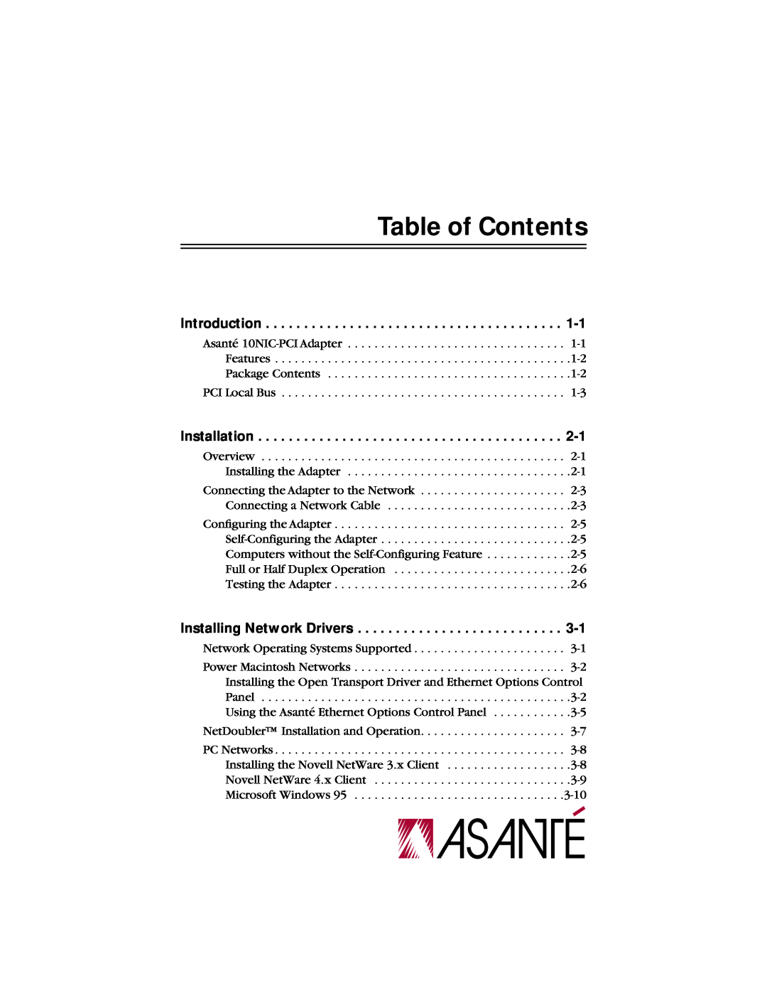 Asante Technologies 10NIC-PCITM manual Table of Contents, Draft 