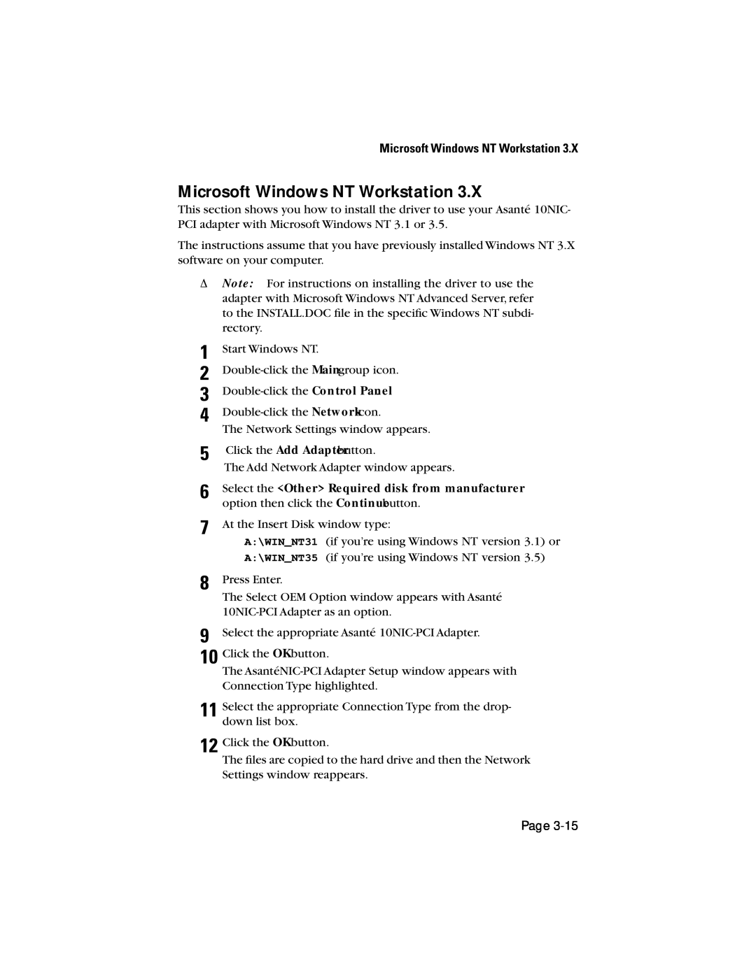 Asante Technologies 10NIC-PCITM manual Microsoft Windows NT Workstation, Select the Other Required disk from manufacturer 