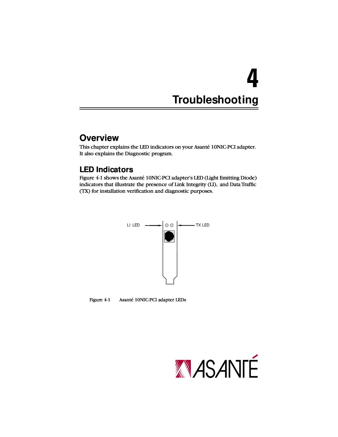 Asante Technologies 10NIC-PCITM manual Troubleshooting, LED Indicators, Overview 