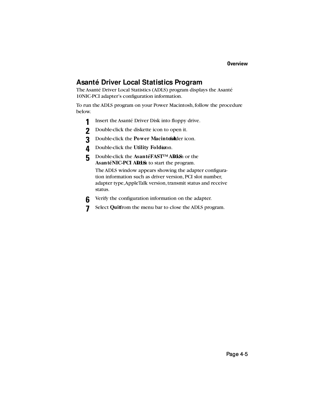 Asante Technologies 10NIC-PCITM manual Asanté Driver Local Statistics Program, Overview 