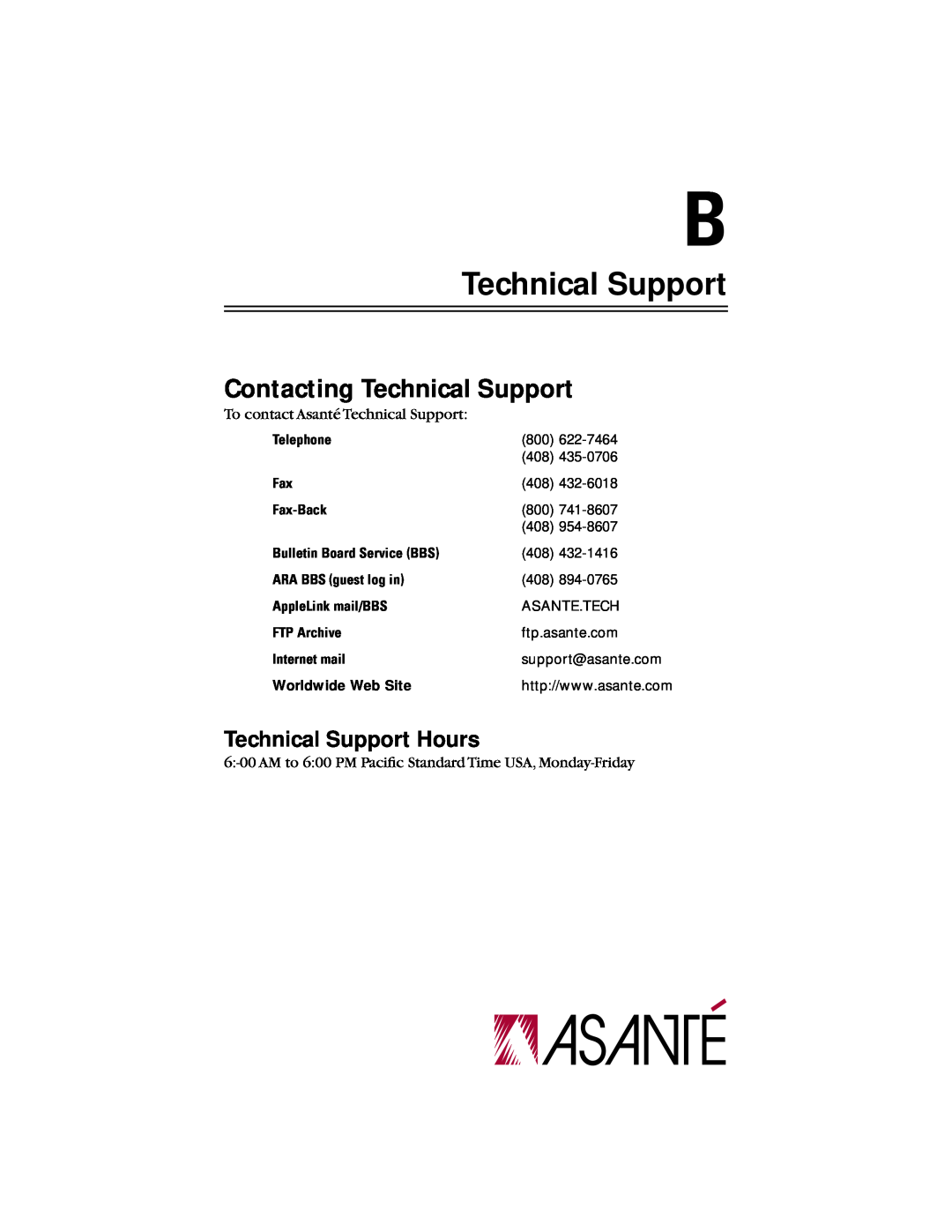 Asante Technologies 10NIC-PCITM manual Contacting Technical Support, Technical Support Hours, Telephone, Fax-Back 