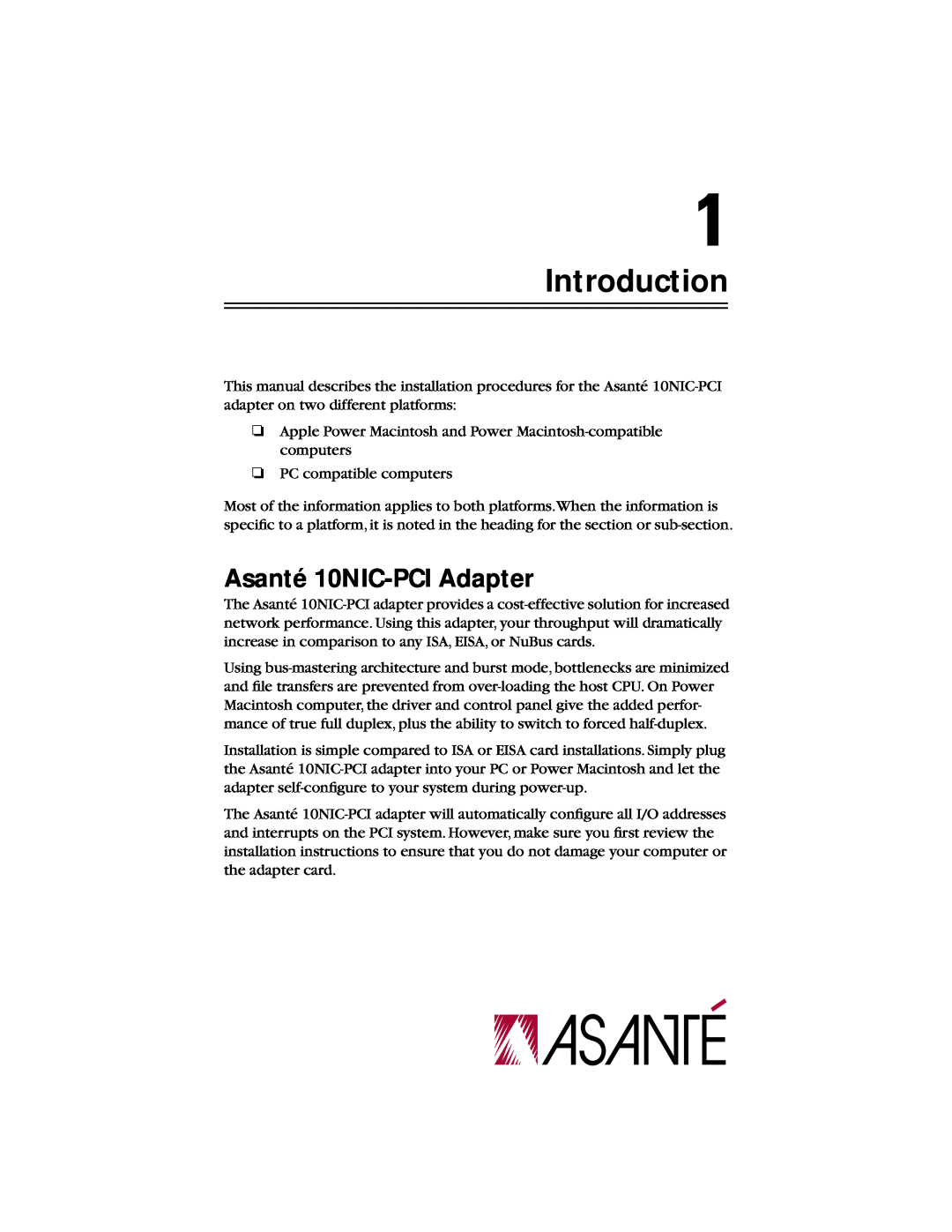 Asante Technologies 10NIC-PCITM manual Introduction, Asanté 10NIC-PCI Adapter 