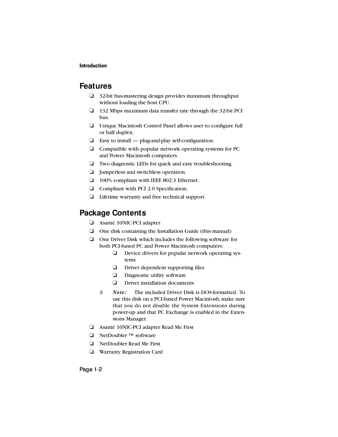 Asante Technologies 10NIC-PCITM manual Features, Package Contents, Introduction 