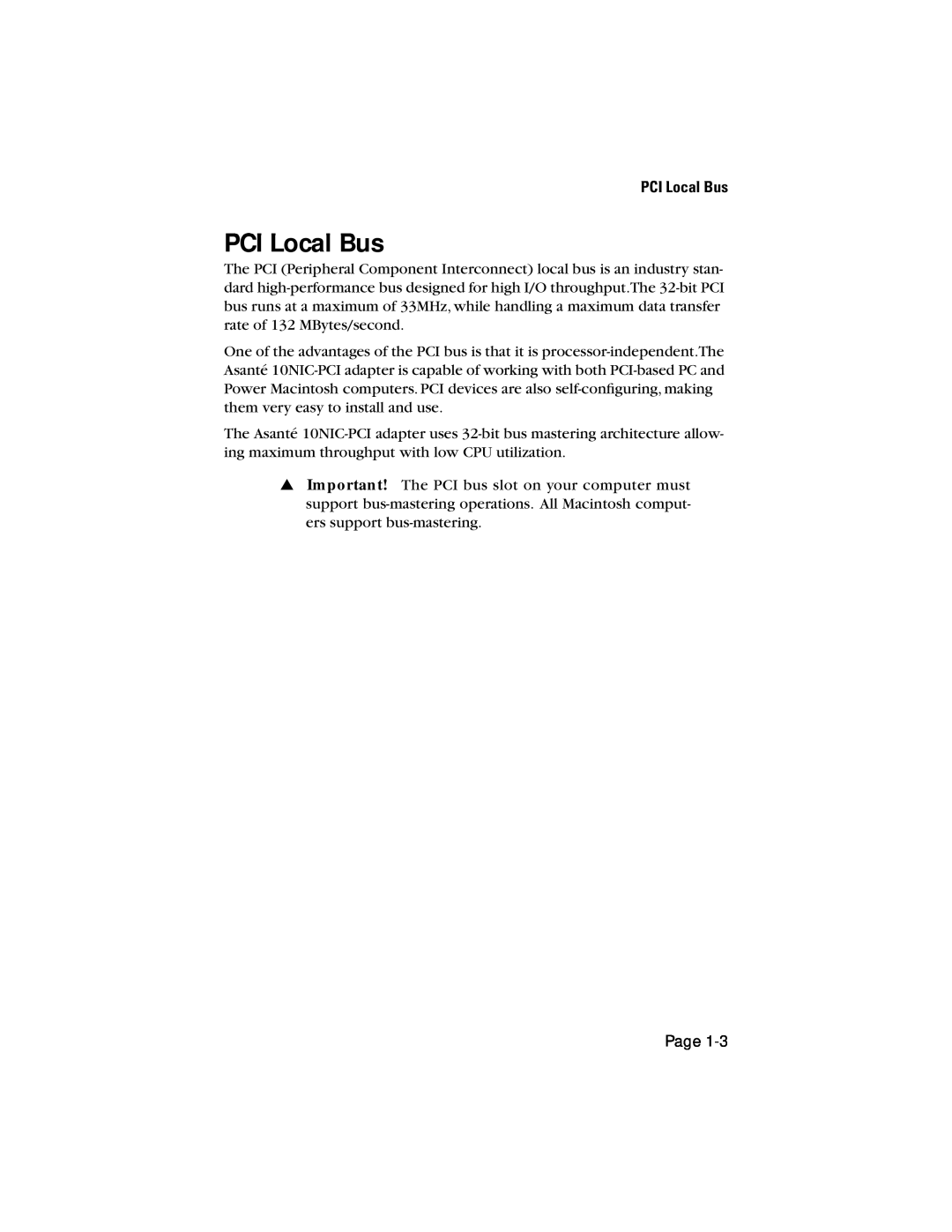Asante Technologies 10NIC-PCITM manual PCI Local Bus 