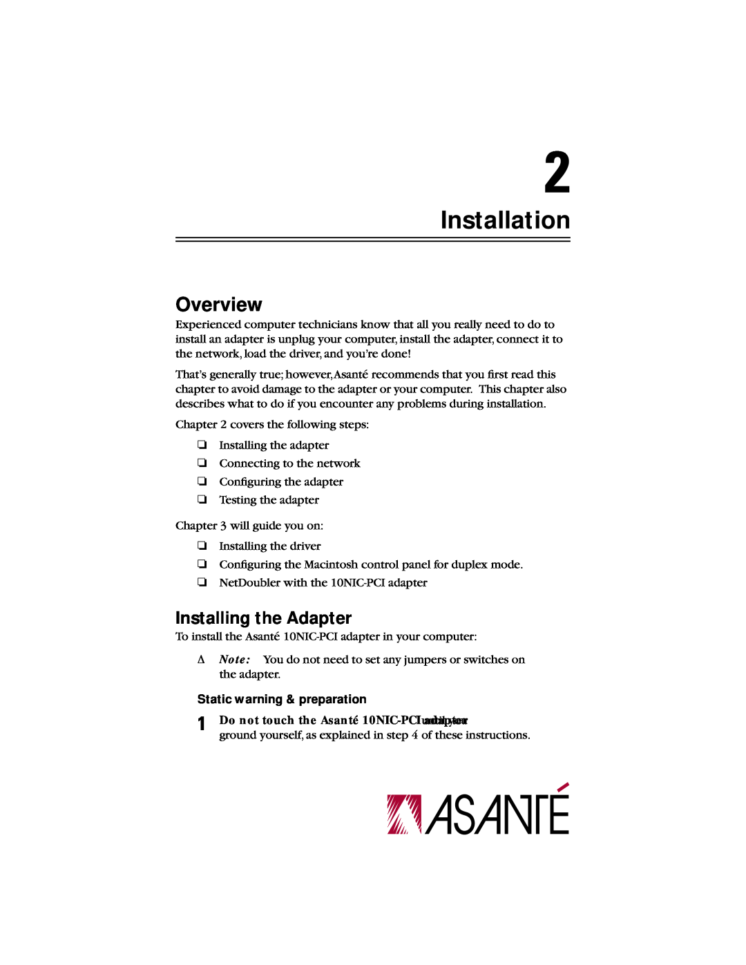 Asante Technologies 10NIC-PCITM manual Installation, Overview, Installing the Adapter, Static warning & preparation 