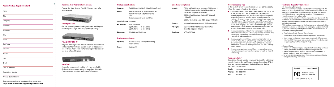 Asante Technologies 2064T Asanté Product Registration Card, Maximize Your Network Performance, FriendlyNET GX5, IntraCore 