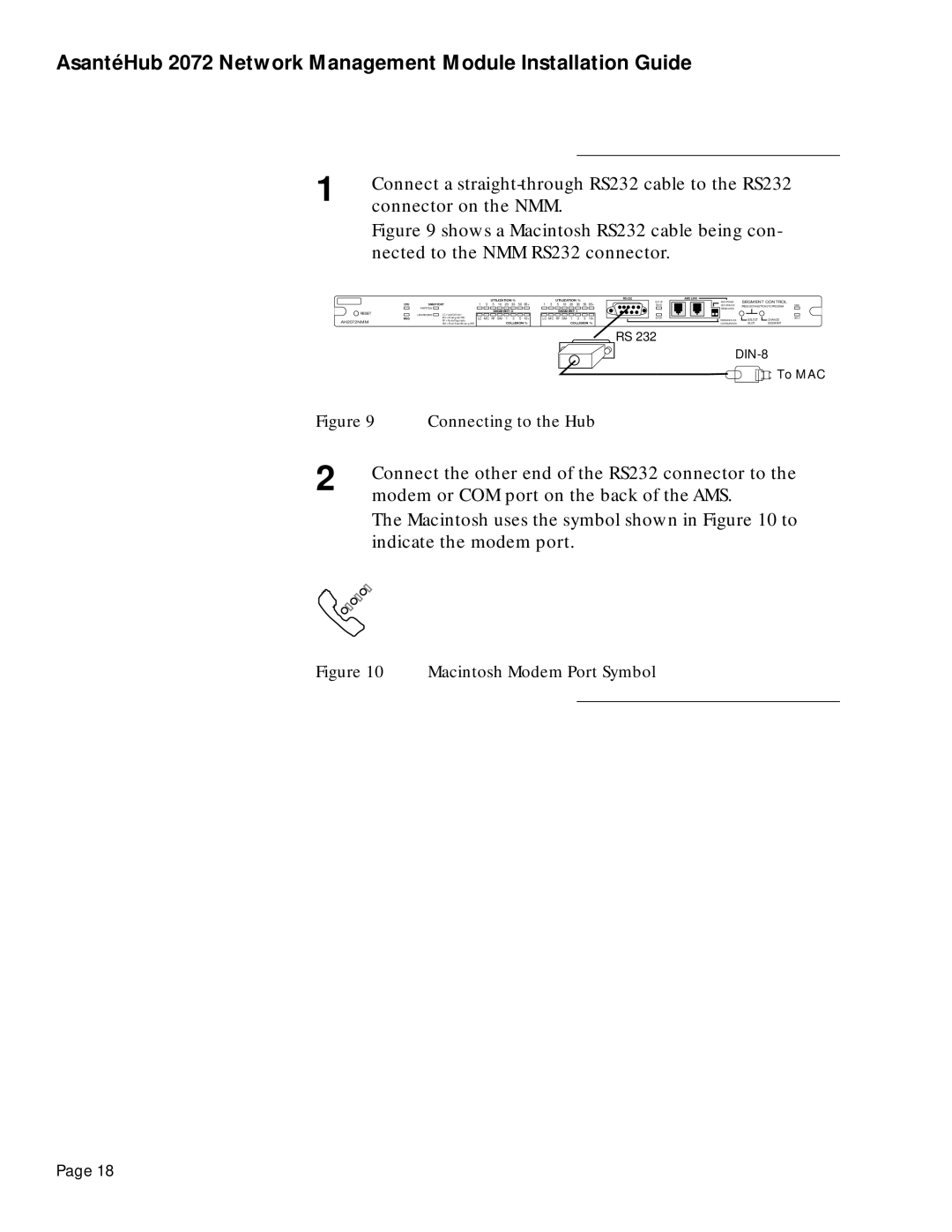 Asante Technologies 2072 manual Connect a straight-through RS232 cable to the RS232 