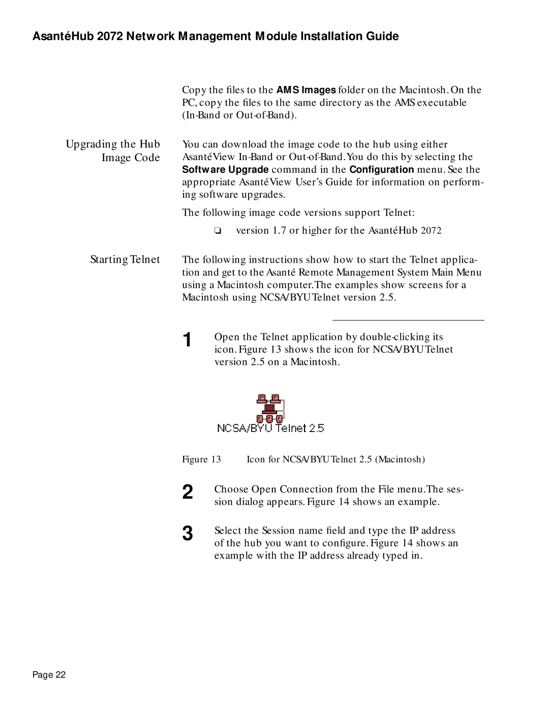 Asante Technologies 2072 manual Upgrading the Hub Image Code, Icon for NCSA/BYU Telnet 2.5 Macintosh 