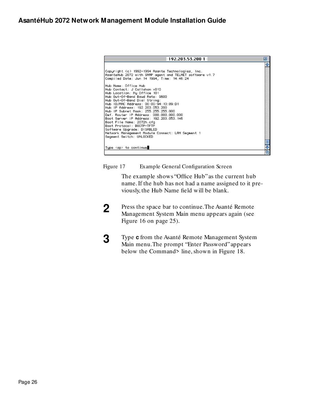 Asante Technologies 2072 manual Example General Conﬁguration Screen 