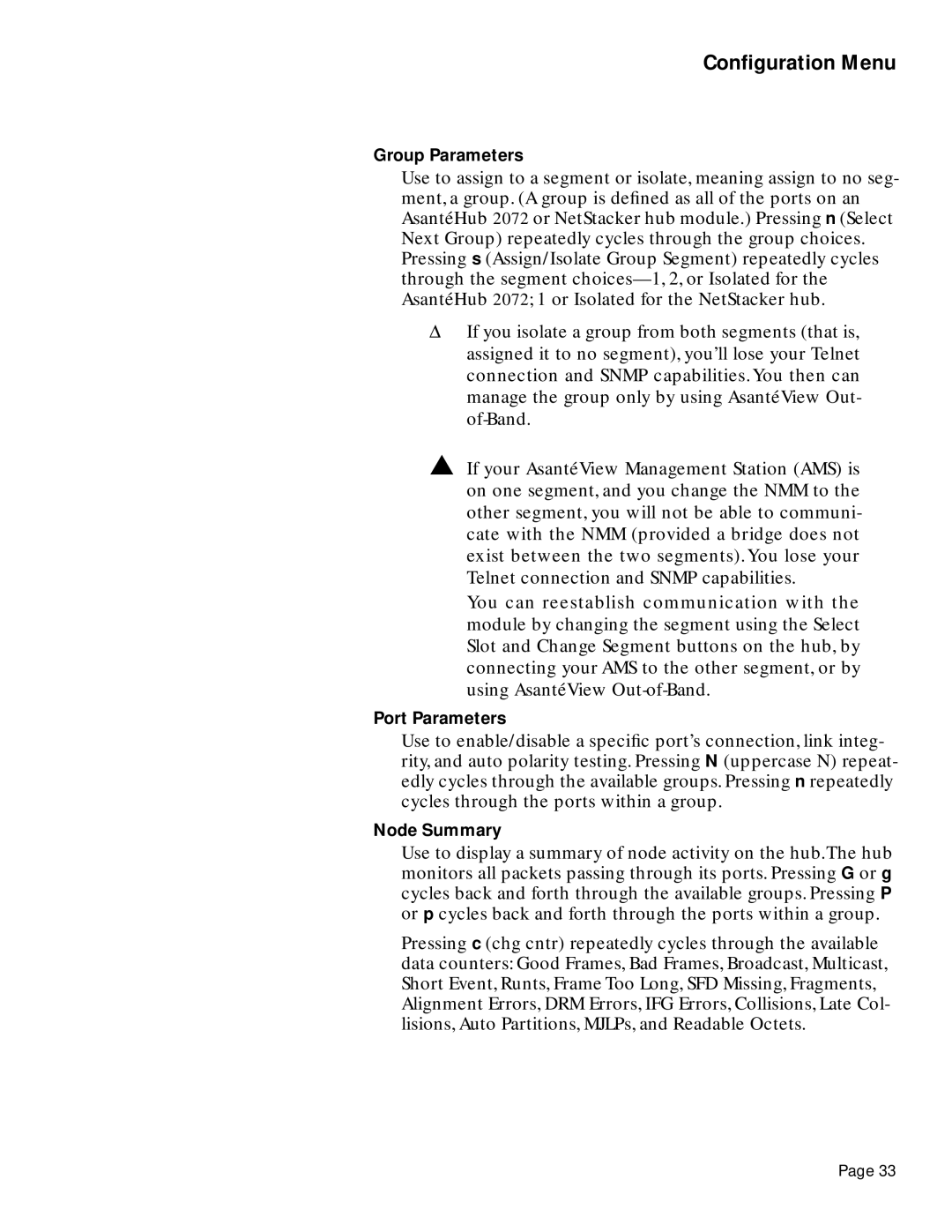 Asante Technologies 2072 manual Group Parameters 