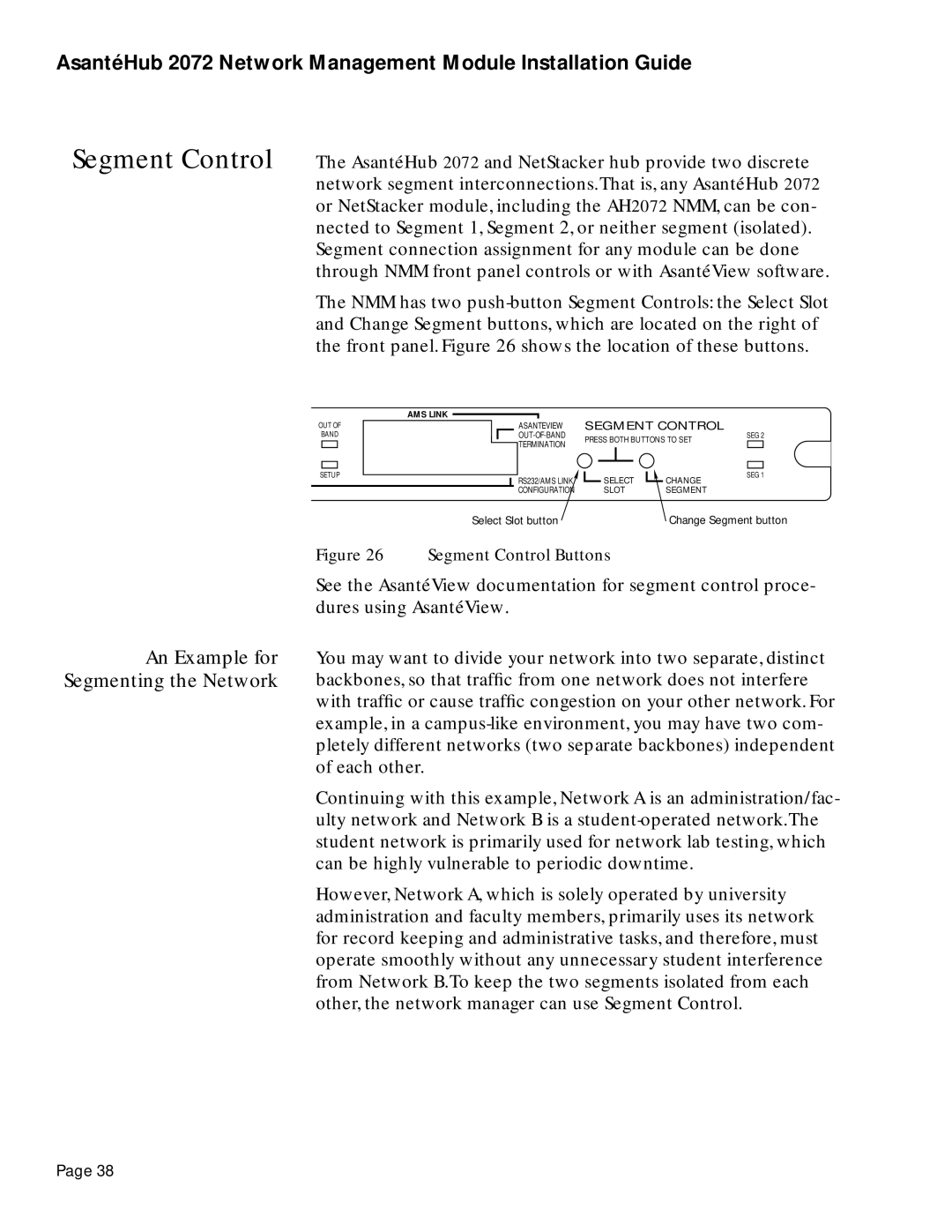 Asante Technologies 2072 manual An Example for Segmenting the Network, Segment Control 