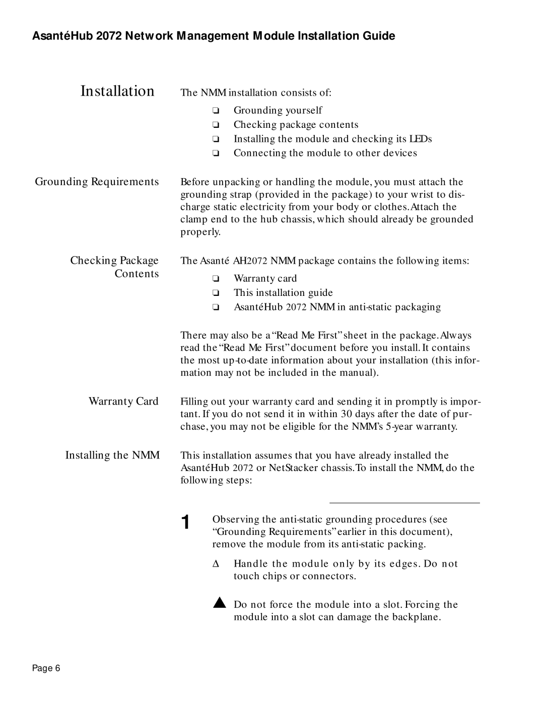 Asante Technologies 2072 manual Grounding Requirements Checking Package Contents 