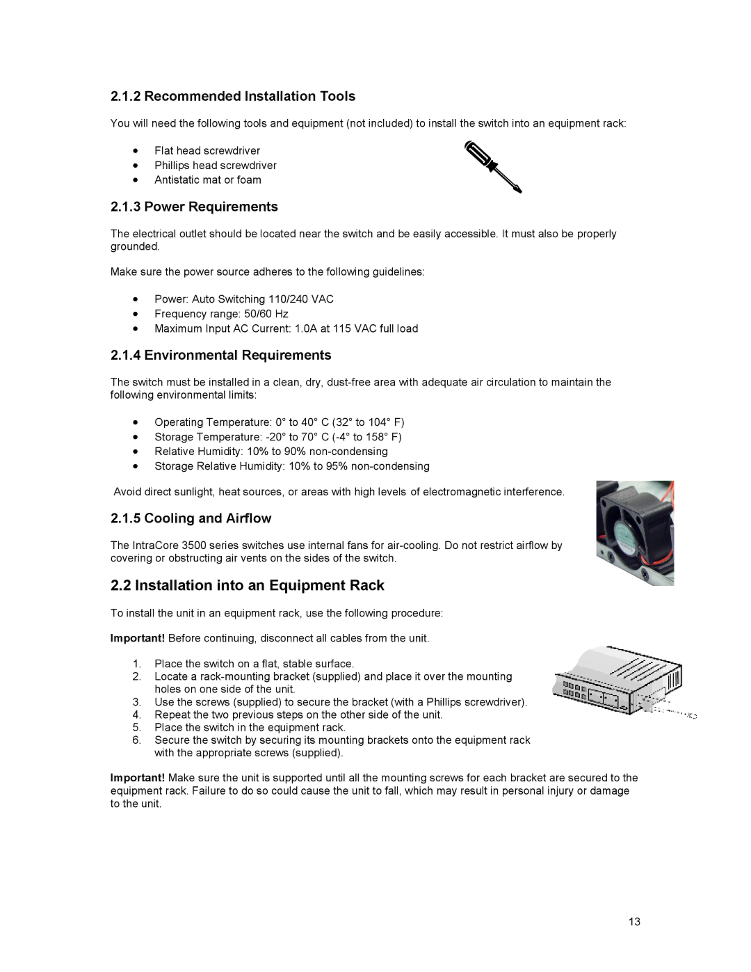 Asante Technologies 3500 Series Installation into an Equipment Rack, Recommended Installation Tools, Power Requirements 